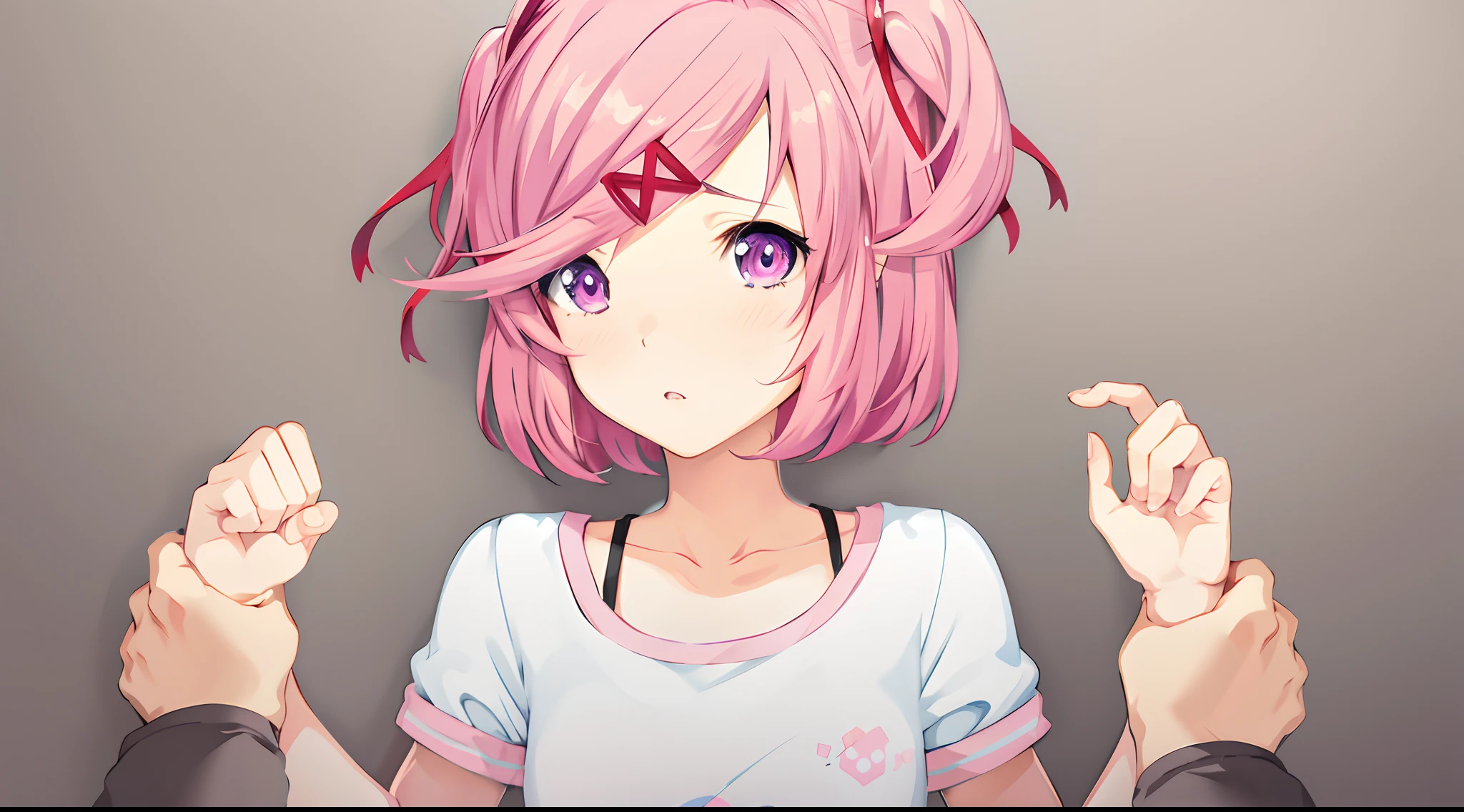 anime girl with pink hair and purple eyes holding up her fingers, anime style. 8k, anime moe artstyle, anime style portrait, anime style 4 k, realistic anime artstyle, in an anime style, kawaii realistic portrait, (anime girl), anime styled, pink twintail hair and cyan eyes, semirealistic anime style, realistic anime art style