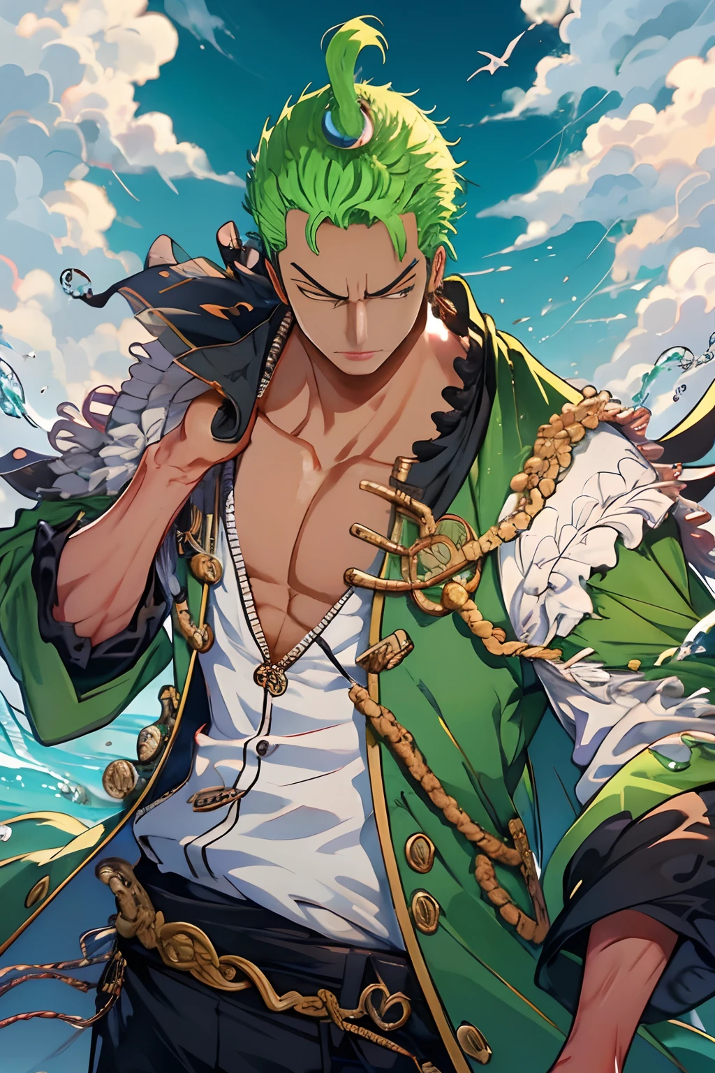 Zoro, sozinho, Olhando para o Viewer, short hair, mangas compridas, , GREEN PIRATE suit jacket, parte superior do corpo, arma, Foco masculino, Roupas japonesas, cabelos verdes, water, de lado, cicatriz, bainha, cicatriz no rosto, Embainhados, slicked back hair