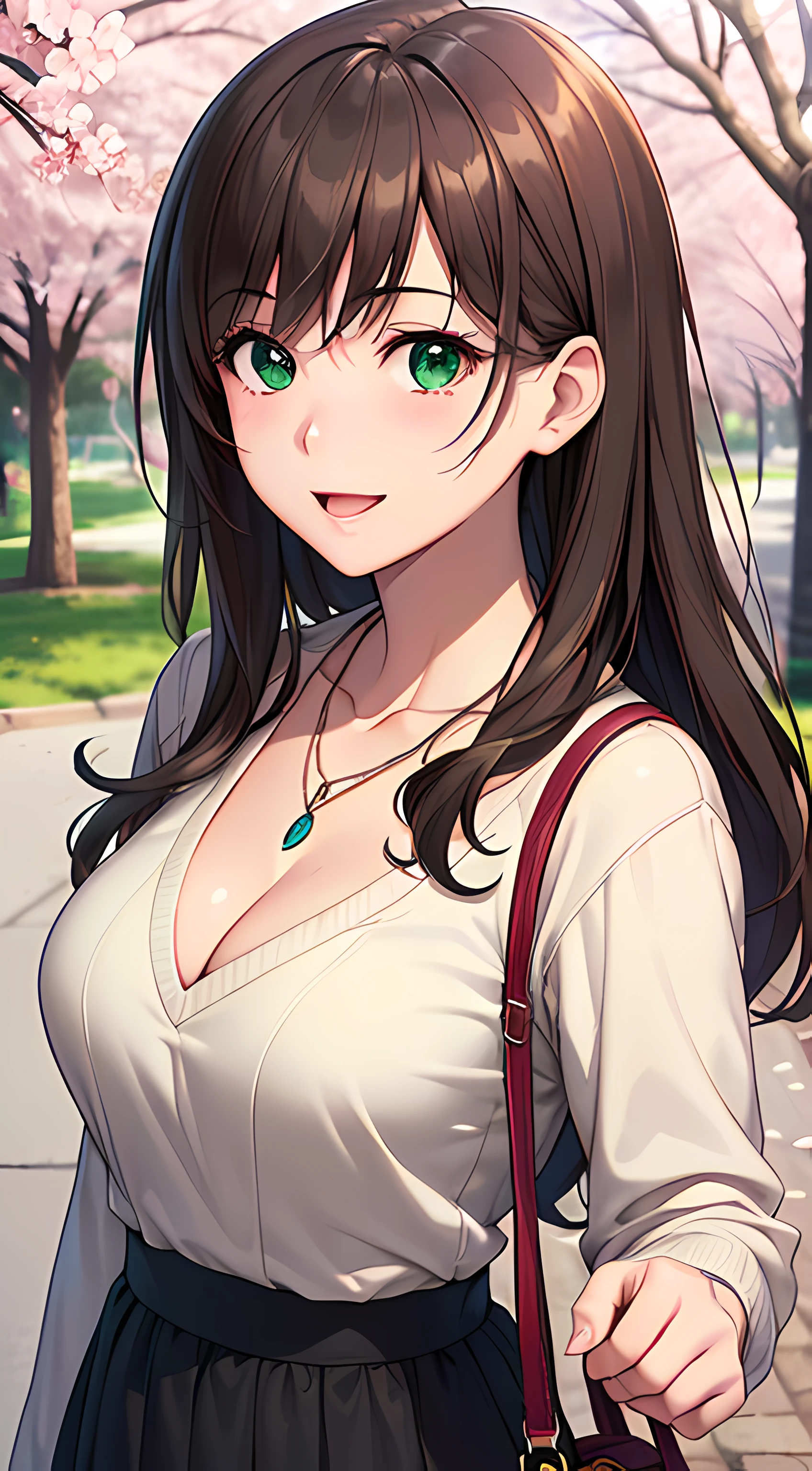 Anime girl with long brown hair and green eyes walking down a sidewalk ...