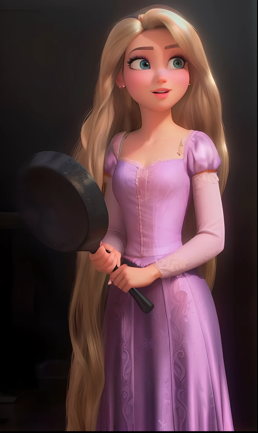 Uma imagem de desenho animado 3D de uma menina com longos cabelos loiros segurando uma frigideira, Rapunzel, Tangled, Loira, Princesa Cabelos Longos loiros e com detalhes de flores, segurando uma frigideira, segurando uma frigideira, She's holding a frying pan, personagem disney, ela tem cabelos loiros, Segurando uma frigideira, segurando uma frigideira, como um personagem da Pixar, holding a frying pan in your hands, vestido em um vestido roxo, bonito, volumoso e detalhado. Fundo de floresta encantada ao entardecer.
