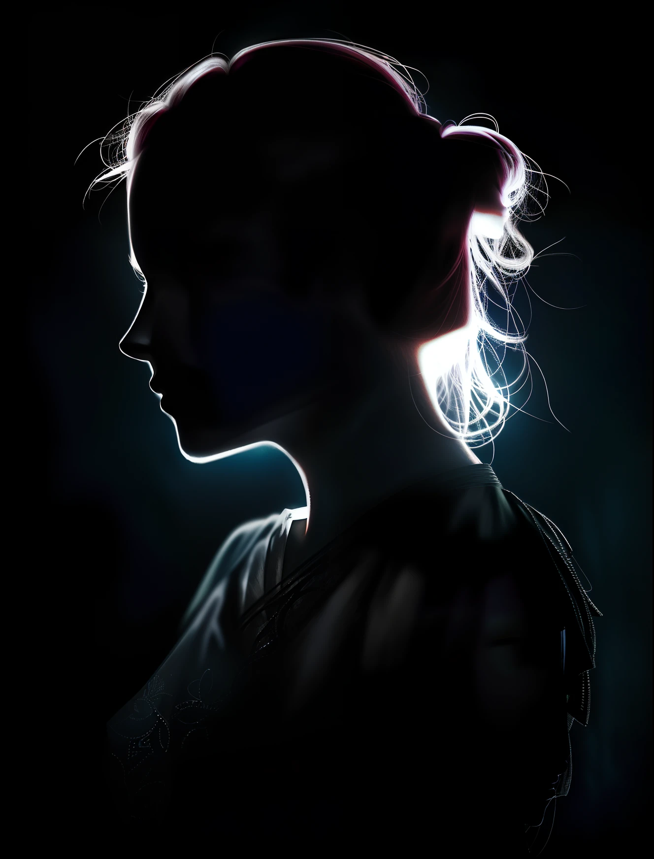 (Best quality,A high resolution,Masterpiece:1.2),Ultra-detailed,(Realistic,Photorealistic,photo-realistic:1.37),backlit portrait,Darkroom portrait,Close-up of a woman with hair,Darkroom scene,The traits of a mysterious woman,outlined silhouettes,Backlit hair,Girl with glowing lens halo,High-contrast portraits,dramatic backlight,light falling on face,mysterious portrait,Woman in silhouette,Ethereal backlit hair