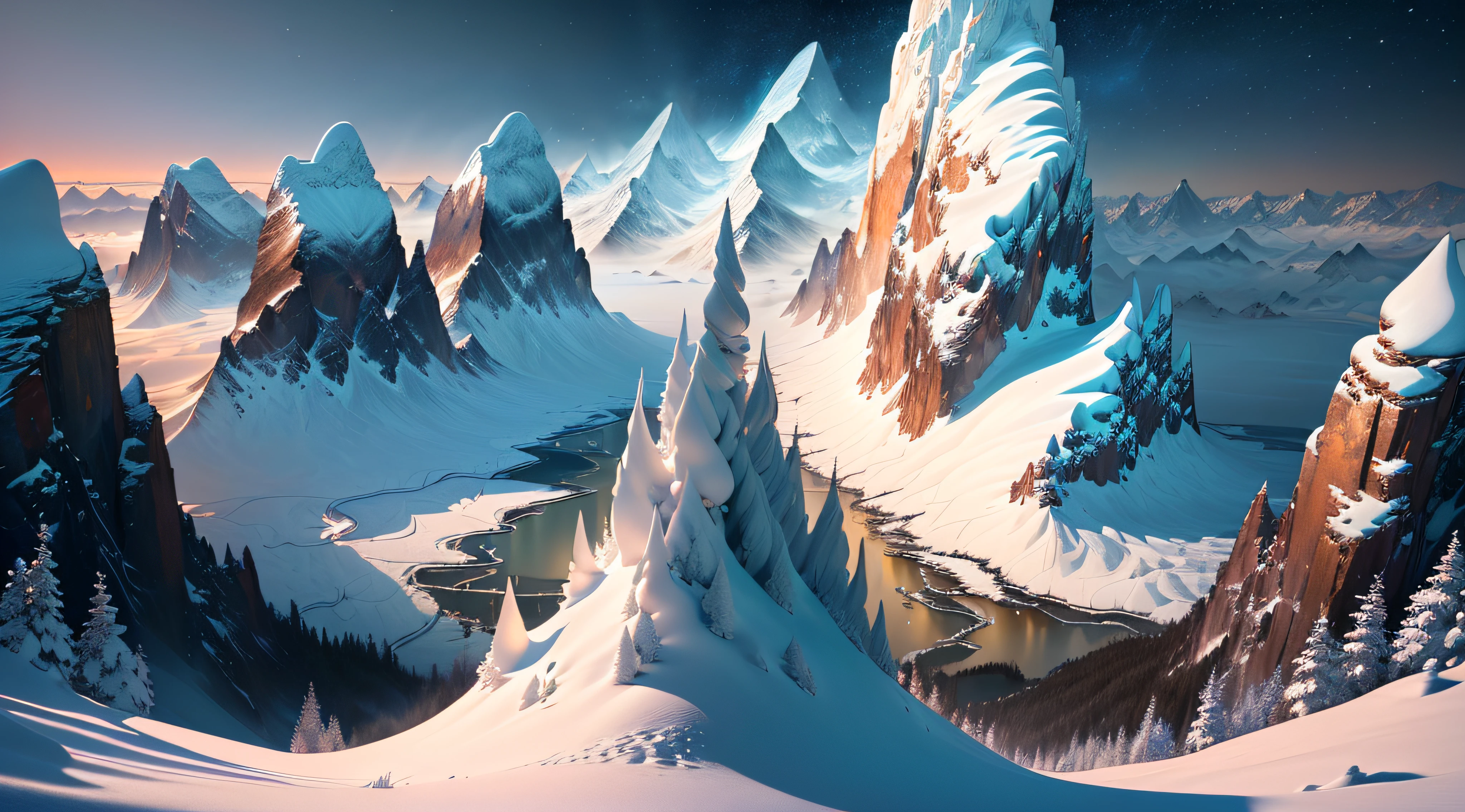 Masterpiece, best quality, (extremely detailed CG unified 8k wallpaper), (best quality), (best illustration), (best shadow), snow mountains, wilderness, snowflakes dancing,absurdity, realistic lighting, (abyss), beautiful detail lighting, Peter Mohr Bacher's art,(animated cartoon style:1.2)