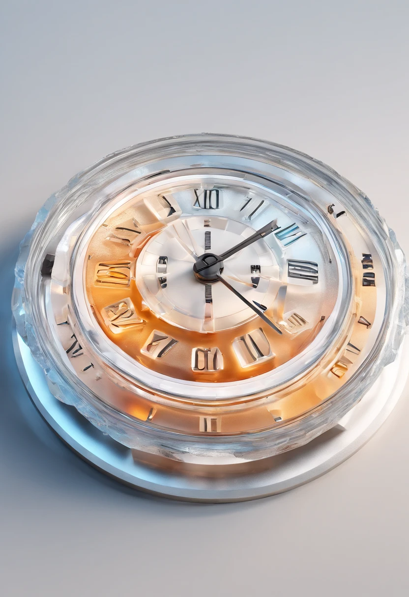 Round dial A dial made of ice and hands placed front on the table on a white background