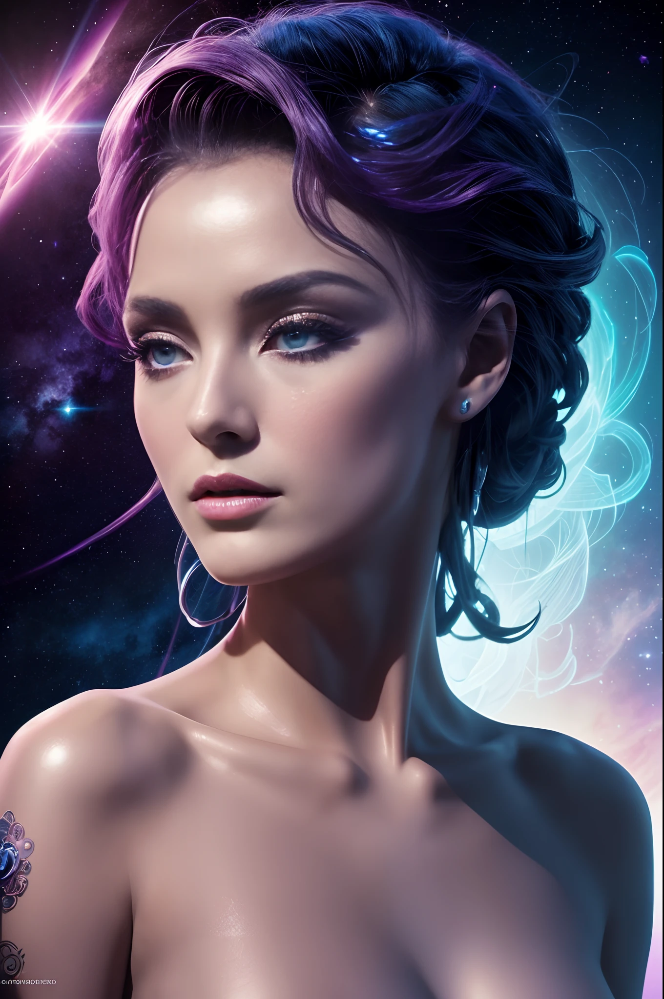 Strange trans-Neptunian goddess Androidpunk with matte and glossy surface details, Features of Avangardecore , Cosmos Impresscore, expressive look, Emotional expression, Delicate bright shades, asymmetric, caldera, Epic photographic cinematography , back light, translucency, Mystical style