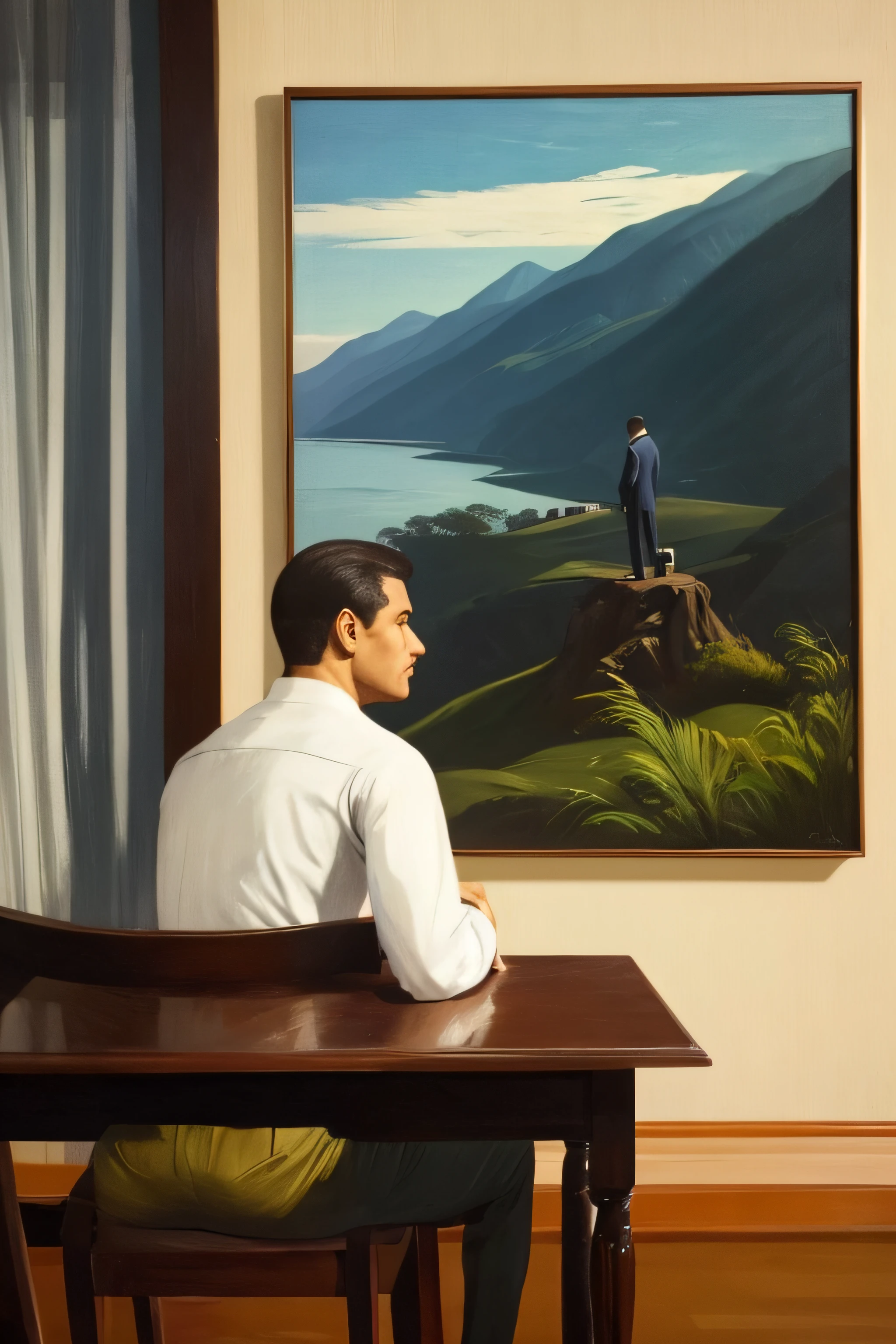 Homem sentado na mesa do computador, melancolico, cena de longe, roupas, Costas, Vision from afar, Backview, Edward Hopper