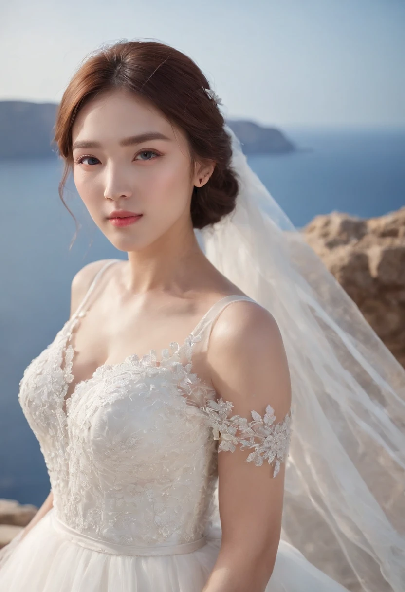1 Beautiful Girl, Korean Idol, (Reality: 1.3) Santorini, Front (Blue Sea), White Wedding Dress, Wedding Decoration, Masterpiece, Diffuse Soft Light, (Portrait), Best Quality, (Perfect Face Part: 1.4), (Avatar close-up), Ultra-realistic high details, complex realistic simulation style photos, movie lighting, elegant gestures, (close-up)