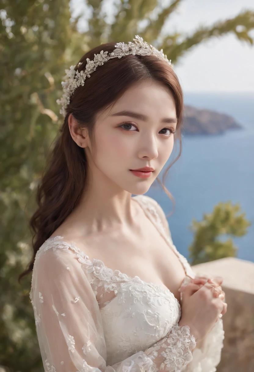 1 Beautiful Girl, Korean Idol, (Reality: 1.3) Santorini, Front (Blue Sea), White Wedding Dress, Wedding Decoration, Masterpiece, Diffuse Soft Light, (Portrait), Best Quality, (Perfect Face Part: 1.4), (Avatar close-up), Ultra-realistic high details, complex realistic simulation style photos, movie lighting, elegant gestures, (close-up)