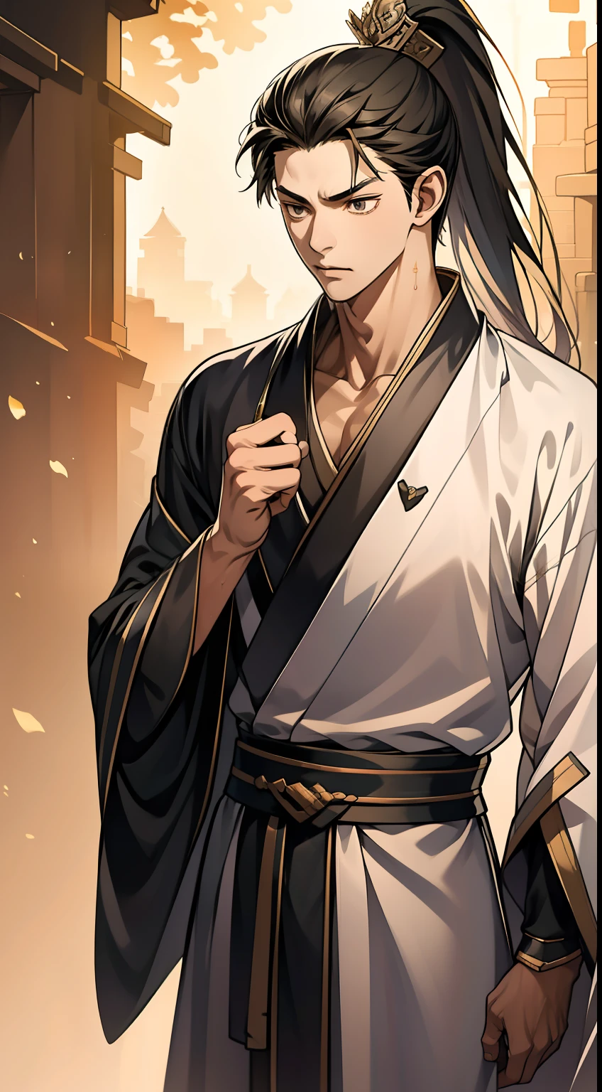quadratic element，style of anime，mtu（Male Warrior），The proportions are correct，Face details，swordsmen，High ponytail hairstyle，Neck details，There is an Adam's apple，Black Hanfu，kaftan，Embroidered robes，Black robe，clothes details，Handing over，longer sleeves，Game quality，Swordsmanship，Light and shadow tracking，Ray traching，detailed glow，cg render，hair detail，cabelos preto e longos，Black eyes，Handsome，Handsome，（juvenile sense），Clothing is complicated，Perfectcomposition，Refinement，high qulity，higher details，Lots of details，The background is complex，a sense of atmosphere，