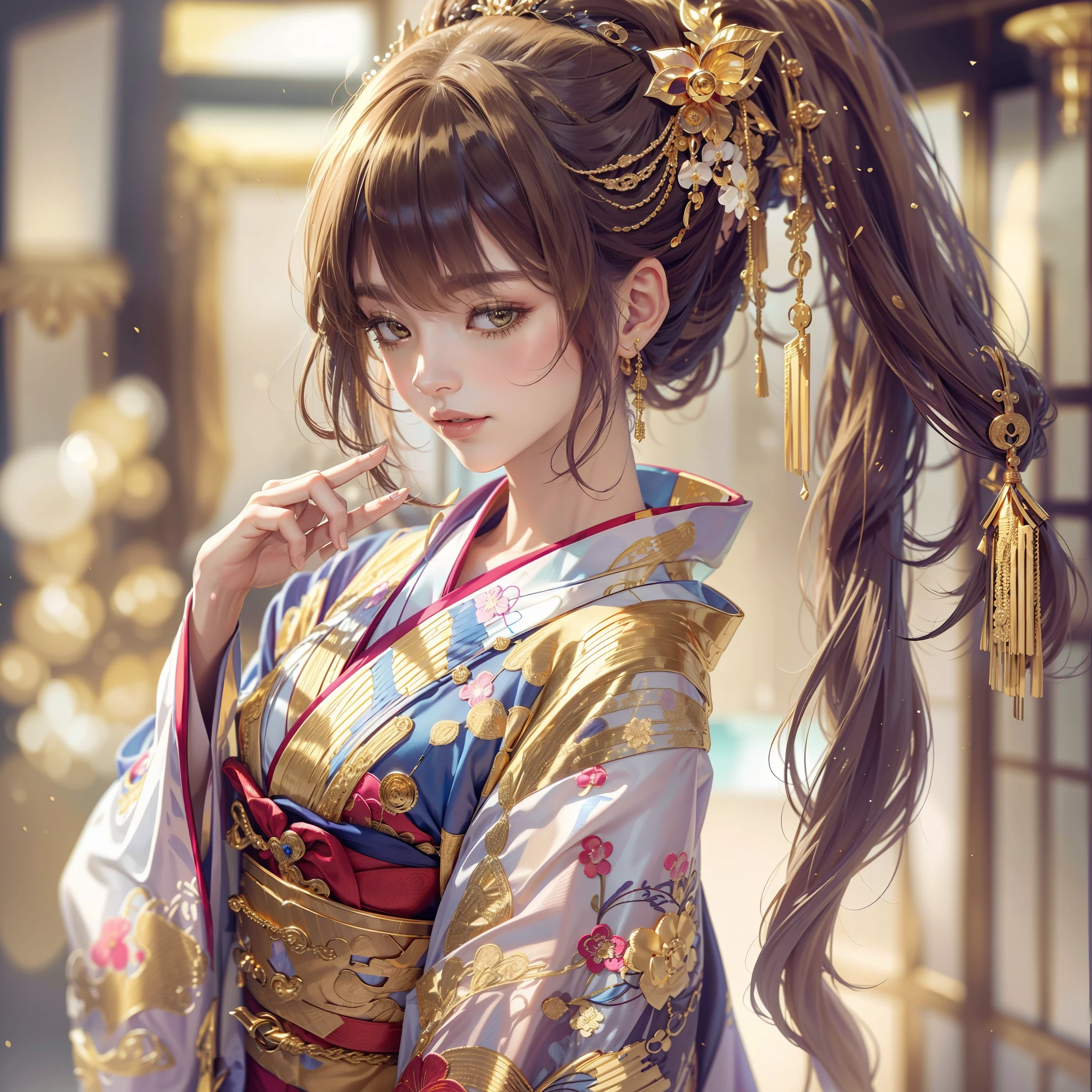 poneyTail、elaborate costume{Luxury kimono(Colorful kimono(Detailed golden embroidery,))}、face perfect,Depict a beautiful and graceful woman of Japan。Heart in the eye。 Wallpaper 8K, .Blur the background with a sickle,((masutepiece)), ((Best Quality)),{{Photorealistic}}
