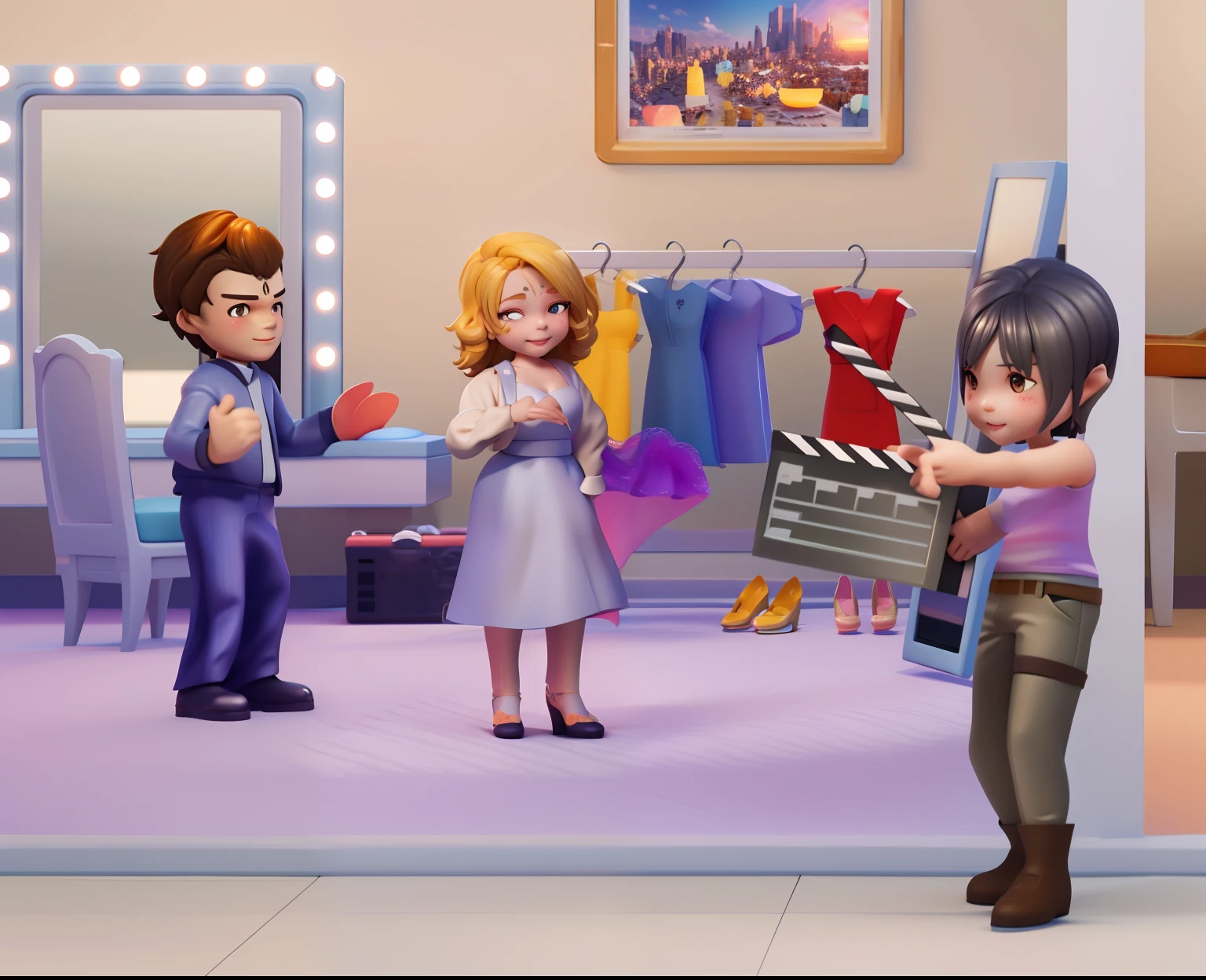 The blonde beauty is wearing a white dress,In an interview,The handsome male assistant next to him opened his hands,The short-haired director is shooting a film on a slate,delicated face,The expression is beautiful and cute, 。.3D Pixar animation style,tmasterpiece, best qualityer, ultra - detailed, Lori blonde girl, Long dress with a big smile, full bodyesbian, moderno, Modern accessories, , Beautiful lighting and ambient light,Pastel tonal background , Extremely colorful, 。.。.。.。.3D Q style,tchibi,A cinematic scene,Super details romantic soft focus and ethereal light,The sun shines on it,A cinematic scene,Full body 2D artwork,blur backgroun,romantic soft focus and ethereal light,The sun shines on it,A cinematic scene,super detailing,pix: 2 style,Pope Martin,movie light effect,brightly,OC renderer,C4D,。.。.。.。.3D,blender,8K,4K,Warm colors --NIJI 5 -- --q 2,