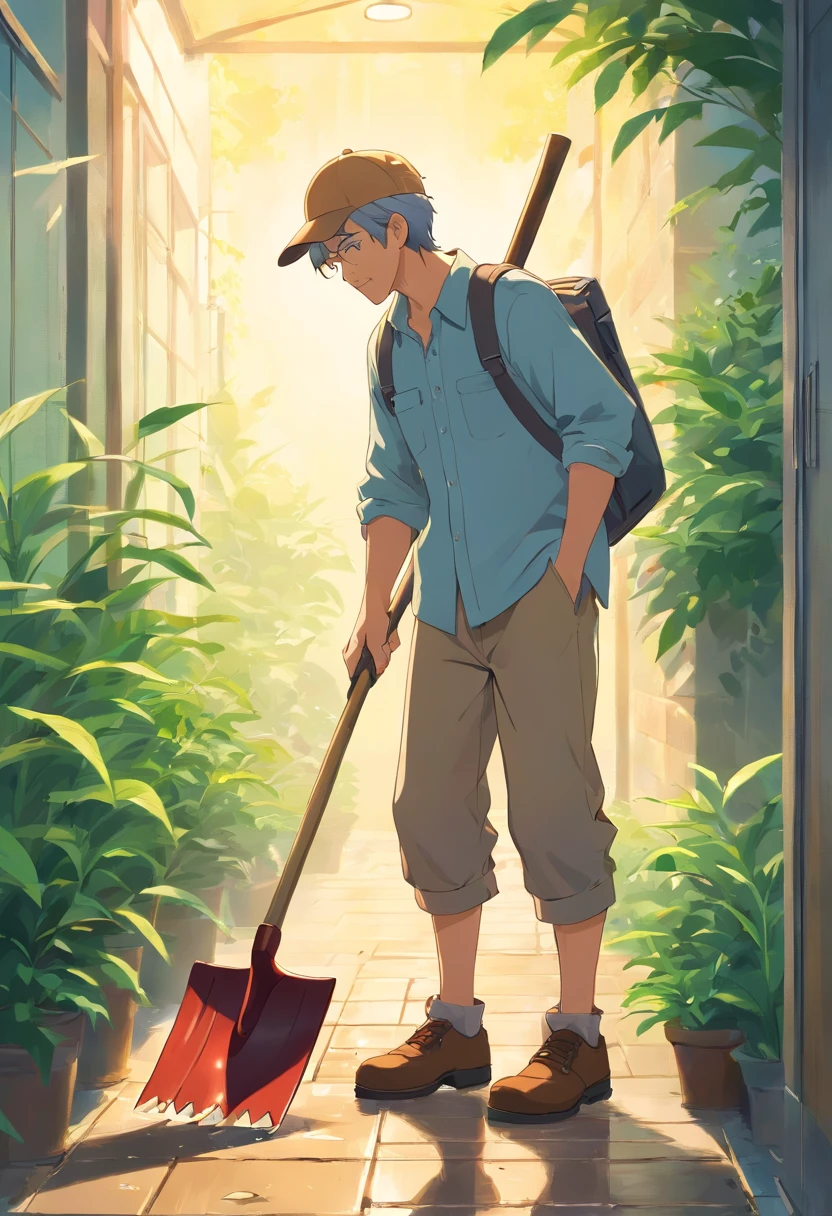 Cartoonman with shovel and hat, man with scythe, sweeping the floor, farmer, old man doing hard work, Use a shovel, hd illustration, , tall farmer, old man, gardening,