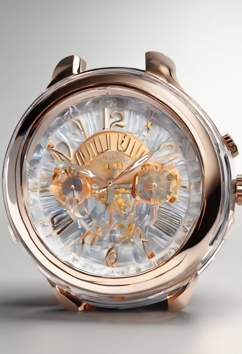 Round dial A watch made of ice，Place in front of the table，white backgrounid