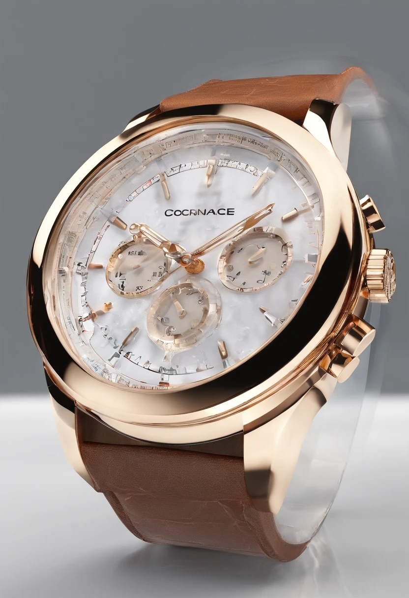 Round dial A watch made of ice,Place in front of the table,white backgrounid
