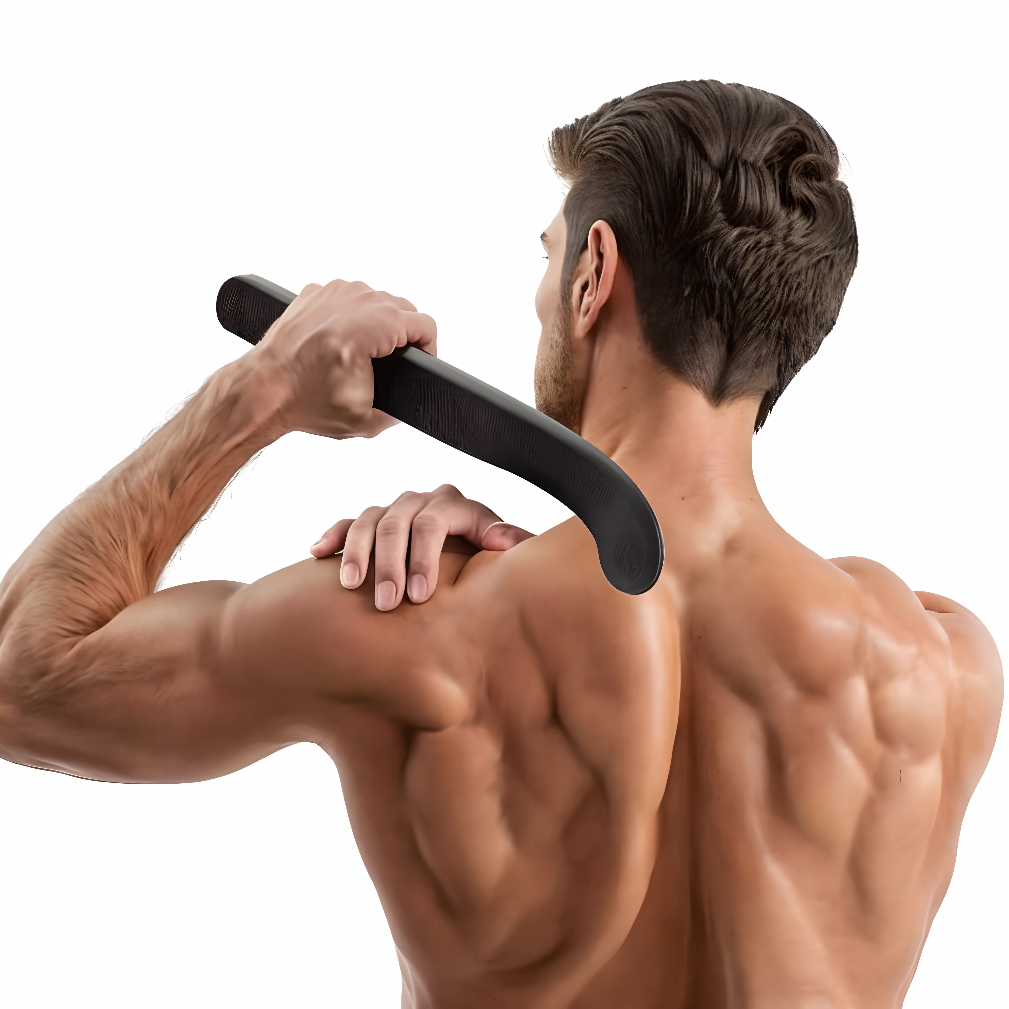 There was a man holding a black object in his hand。, back - shot, easy to use, Master, Back - View, crisp smooth clean lines, smooth streamline, crisp smooth lines, gigachad muscular, over the shoulder view, smooth body features, on back, long shot from back, shaded, long shot from back, professional, Slim
