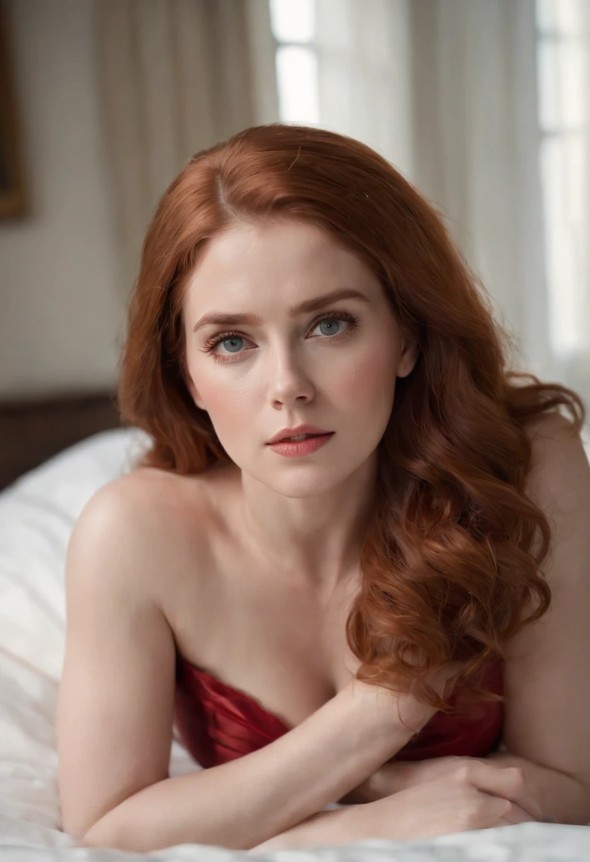 Full body portrait of Amy Adams laying on a bed, legs wide open, red hair, no clothes,(masterpiece), realistic, beautiful face, sunlight, cinematic light, beautiful eyes, perfect anatomy, very cute, princess eyes , (black eyes) , (frame the head), Centered image, stylized, 8 life size,8k Resolution, human hands, wonder full, elegant, approaching perfection, dynamic, highly detailed, concept art, smooth, Sexy pose, stunningly beautiful, detailed hairstyle, red dress, huge chest, open chest, perfect chest, hanging chest, sharp chest, big chest, huge butt
