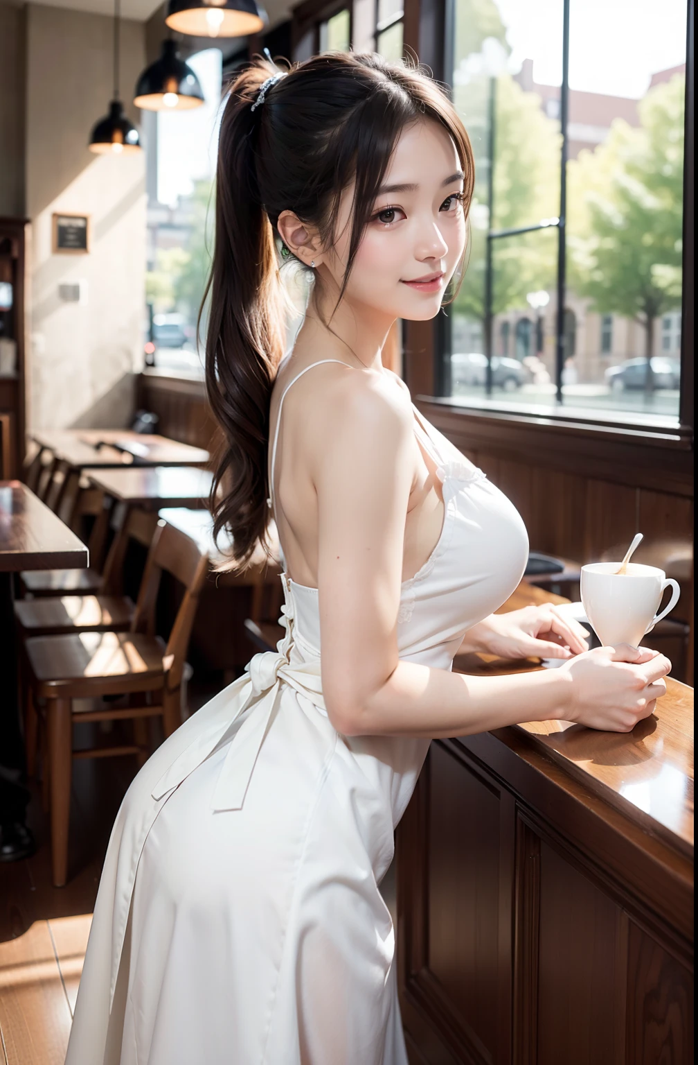 (in 8K、Raw photography、Highest Quality、realisitic、Photorealsitic、Professional Lighting、​masterpiece、extremely delicate and beautiful、Highly detailed、finely detail、ultra-detailliert、hight resolution、full-shot)、1girl in、One woman in a white dress、(((1 at the café.5)))、Beautiful face:1.5、slim proportions、Colossal tits:1.5、poneyTail、Walking around the university campus、Smiling lightly、I'm looking at you、(((University Campus)))