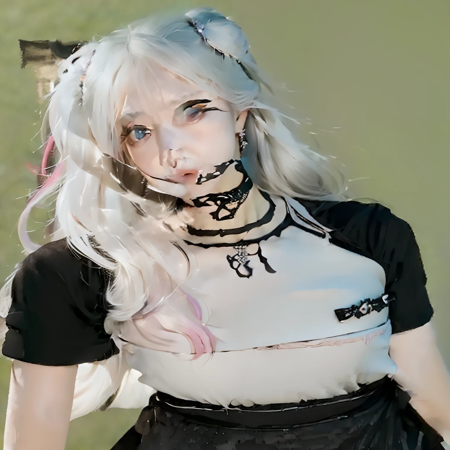 emo girl with colorful hair licking a thick white liquid off her face, wearing a black lace bra, choker, heavy eyeliner. White liquid on her face, milk her face. wet, sweting, drooling (((exposed breasts, breasts visible, nips visible, open shirt, topless)))