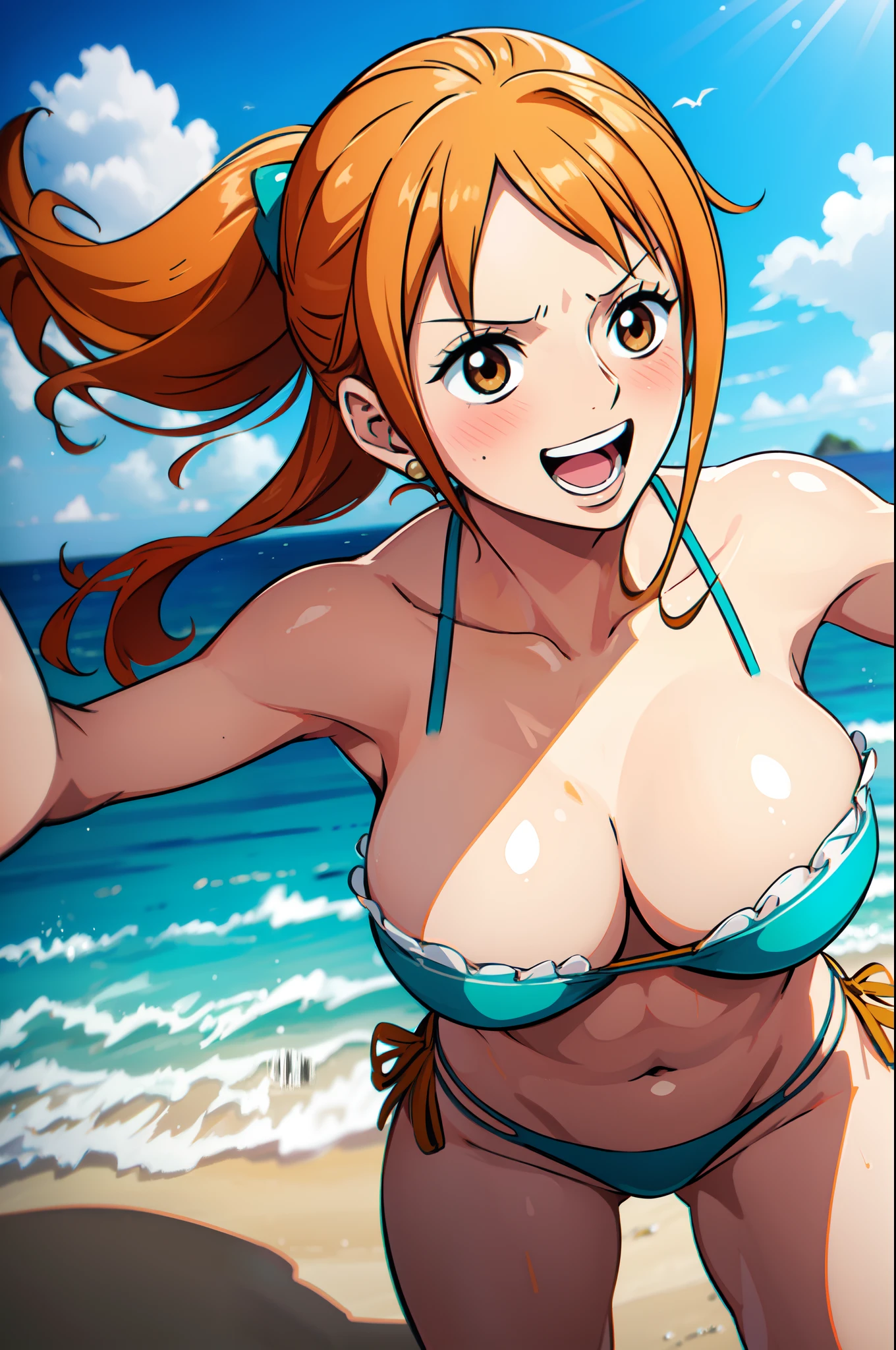 (best quality,ultra-detailed,realistic:1.37),anime art style,Nami from One Piece,brown eyes,orange long ponytail hair,blushing,wearing black bikini,standing on a sandy beach, gentle ocean waves in the background, bright sunlight shining down on her,seagulls flying in the sky,sparkling blue seawater,detailed sand texture on the beach,shadows cast by palm trees, vibrant colors, dynamic pose, playful expression.