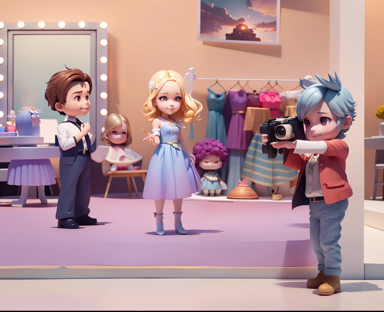 The blonde beauty is wearing a white dress,In an interview,The handsome male assistant next to him opened his hands,The short-haired director is shooting a film on a slate,delicated face,The expression is beautiful and cute, 。.3D Pixar animation style,tmasterpiece, best qualityer, ultra - detailed, Lori blonde girl, Long dress with a big smile, full bodyesbian, moderno, Modern accessories, , Beautiful lighting and ambient light,Pastel tonal background , Extremely colorful, 。.。.。.。.3D Q style,tchibi,A cinematic scene,Super details romantic soft focus and ethereal light,The sun shines on it,A cinematic scene,Full body 2D artwork,blur backgroun,romantic soft focus and ethereal light,The sun shines on it,A cinematic scene,super detailing,pix: 2 style,Pope Martin,movie light effect,brightly,OC renderer,C4D,。.。.。.。.3D,blender,8K,4K,Warm colors --NIJI 5 -- --q 2,