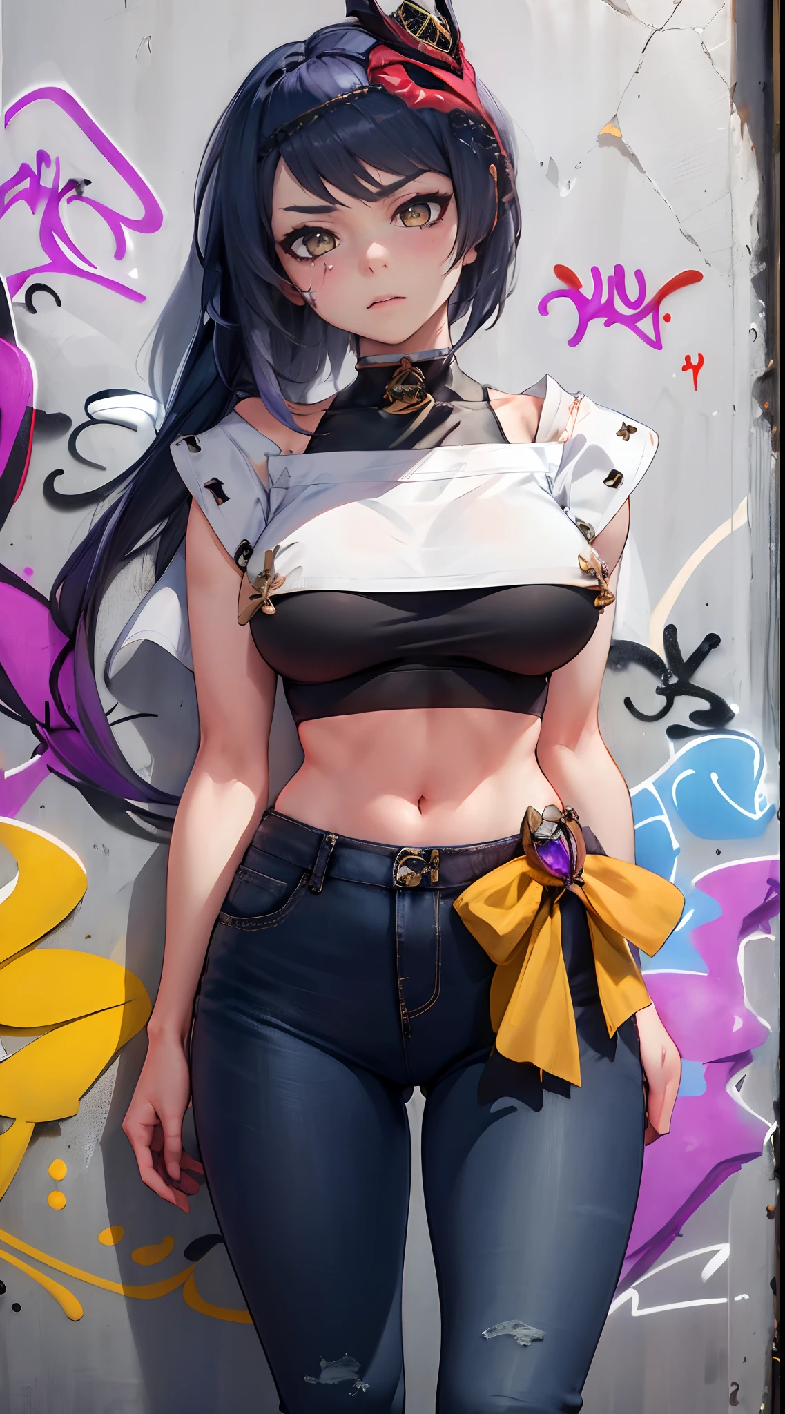 Kujou Sara Genshin Effect, masterpiece, bestquality, 1girls, oversized breasts, bara, crop top, Long Jeans, choker, (Graffiti:1.5), Splash with purple lightning pattern., arm behind back, against wall, View viewers from the front., Thigh strap, Head tilt, bored, Ponytail, water eyes,