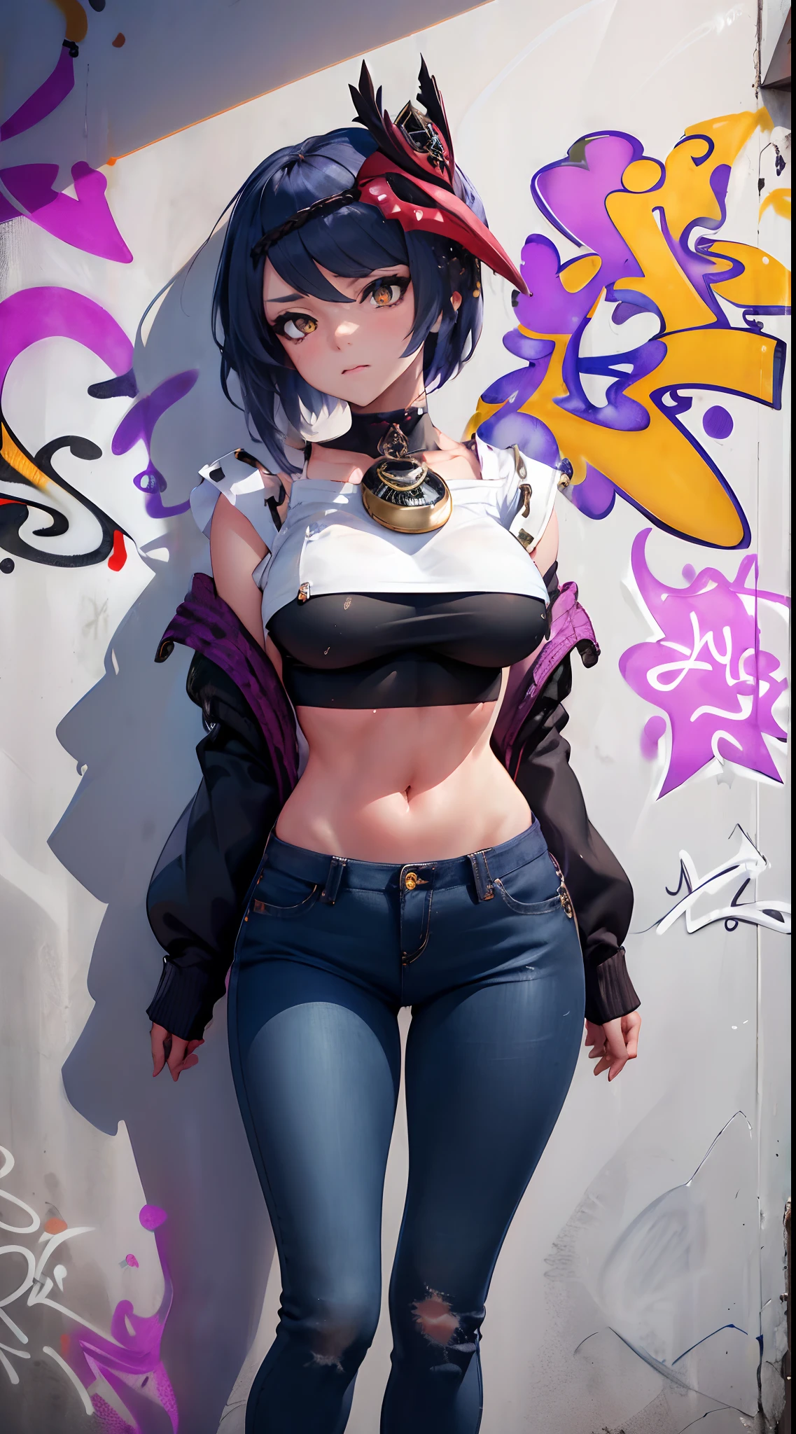 Kujou Sara Genshin Effect, masterpiece, bestquality, 1girls, oversized breasts, bara, crop top, Long Jeans, choker, (Graffiti:1.5), Splash with purple lightning pattern., arm behind back, against wall, View viewers from the front., Thigh strap, Head tilt, bored, Ponytail, water eyes,