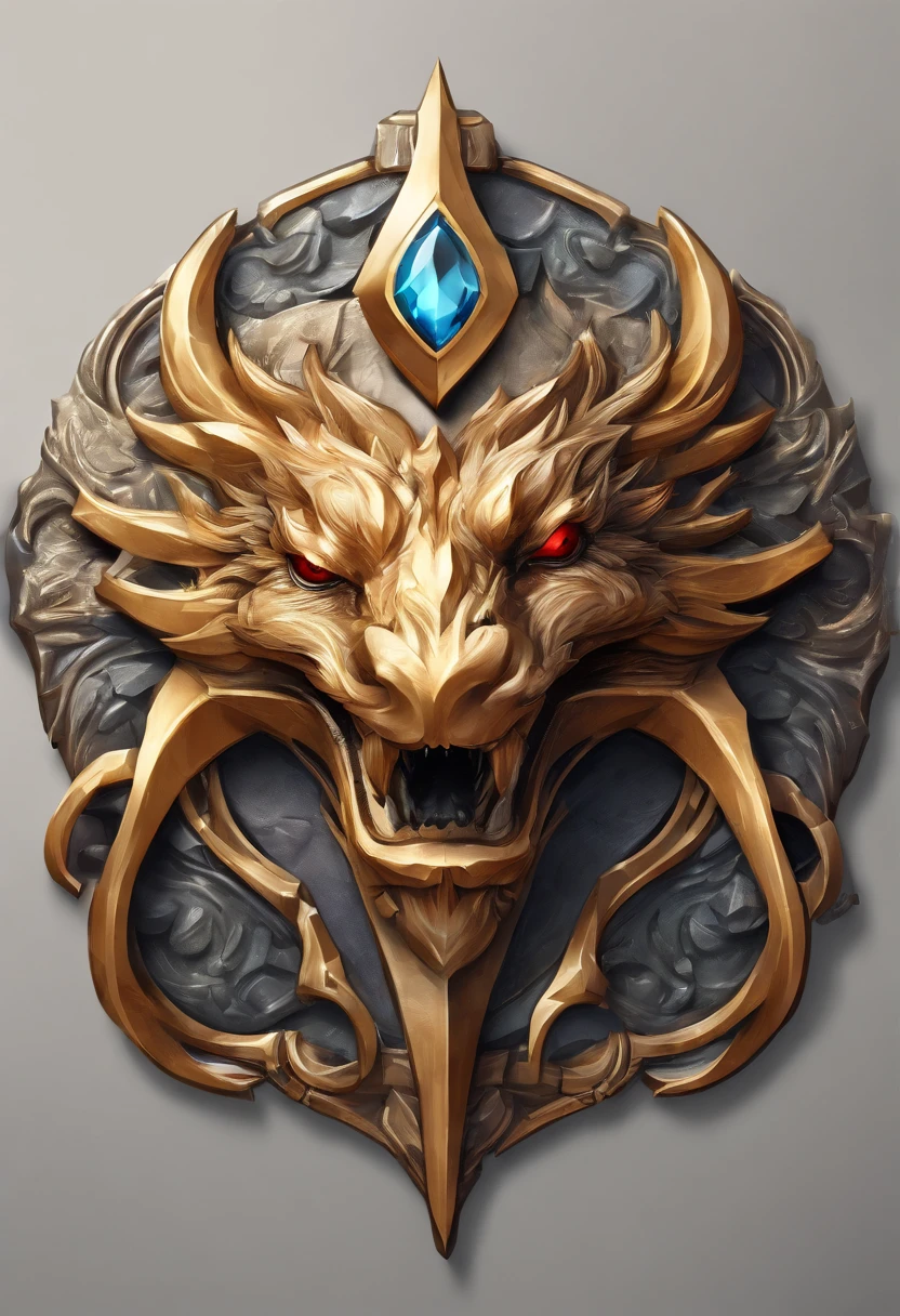 Game medallion with metal faucet closeup with crown,Close-up of dragon head,hearthstone art style, Hearthstone style art, hearthstone concept art, Riot game concept art, style of league of legends, iconic character splash art, League of Legends crown,Game badge,Surrounding metal feathers,Orange gold,c4d渲染,Less detail,less detailing,Huge metal faucet in the middle,The head has gorgeous gemstones