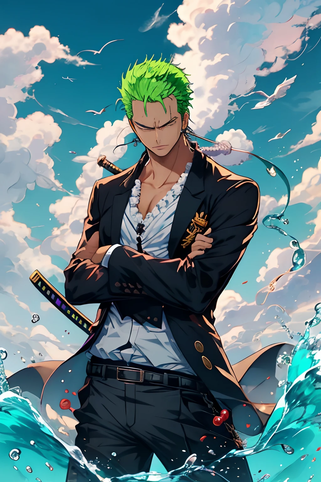 Zoro, sozinho, Olhando para o Viewer, short hair, mangas compridas, , suit jacket, parte superior do corpo, arma, Foco masculino, Roupas japonesas, cabelos verdes, water, de lado, cicatriz, bainha, cicatriz no rosto, Embainhados, slicked back hair