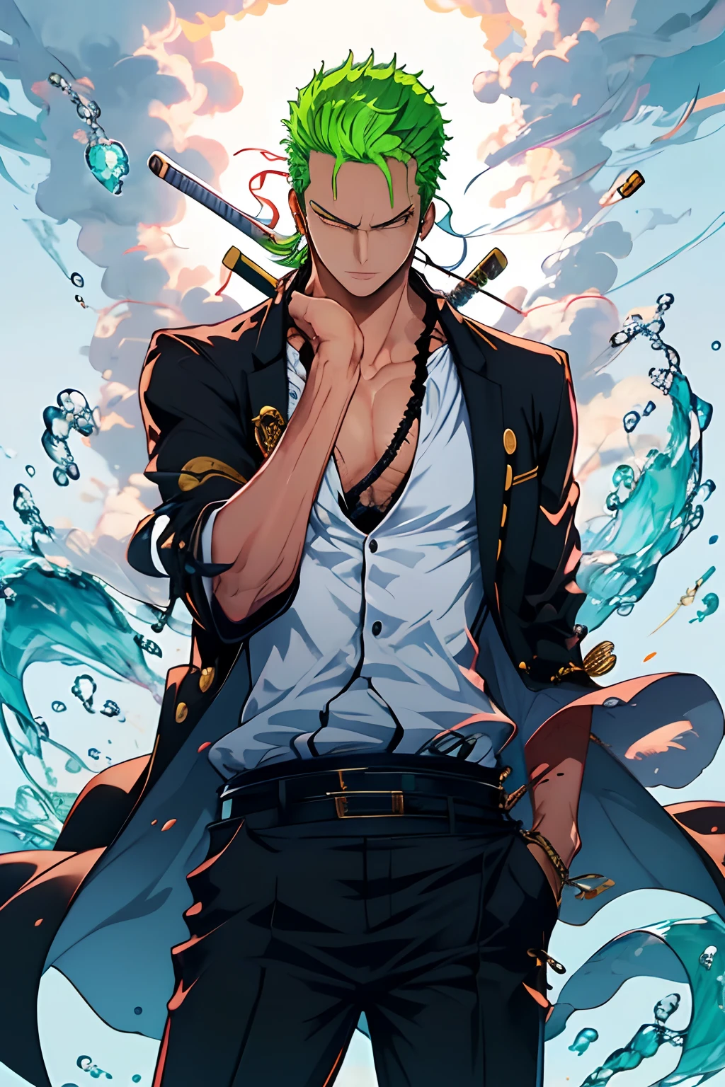 Zoro, sozinho, Olhando para o Viewer, short hair, mangas compridas, , suit jacket, parte superior do corpo, arma, Foco masculino, Roupas japonesas, cabelos verdes, water, de lado, cicatriz, bainha, cicatriz no rosto, Embainhados, slicked back hair