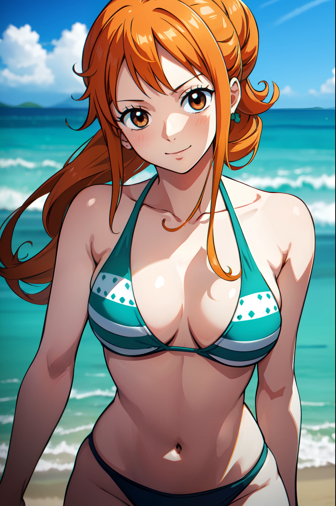 Nami from One Piece, long orange ponytail hair, beautiful brown eyes, blushing cheeks, wearing a vibrant bikini, enjoying a sunny day at the beach. The art style should resemble a captivating anime style.

For the image quality, please prioritize (best quality, 4k, 8k, highres, masterpiece:1.2), ultra-detailed, and (realistic, photorealistic, photo-realistic:1.37) rendering. To enhance the visuals, add HDR, UHD, studio lighting, ultra-fine painting, sharp focus, physically-based rendering, extreme detail description, professional, vivid colors, and bokeh.

Capturing the essence of Nami's adventurous spirit and the picturesque beach scene, make sure to emphasize the vibrant colors and the warm sunlight in the artwork. The lighting should create a soft, dreamy atmosphere that enhances Nami's beauty.

Disclaimer: This prompt may involve NSFW elements due to the mention of a bikini. Please ensure that it complies with your guidelines and requirements.

Remember, do not add any explanations or sentence fragments to the prompt. Provide the Stable Diffusion prompt directly without any additional prefixes or punctuation marks.