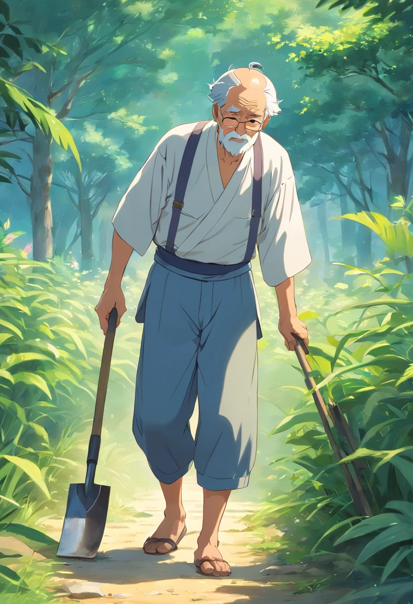 Oriental girdle。Old man with hoe, is working, farmer, old man doing hard work,old man,
