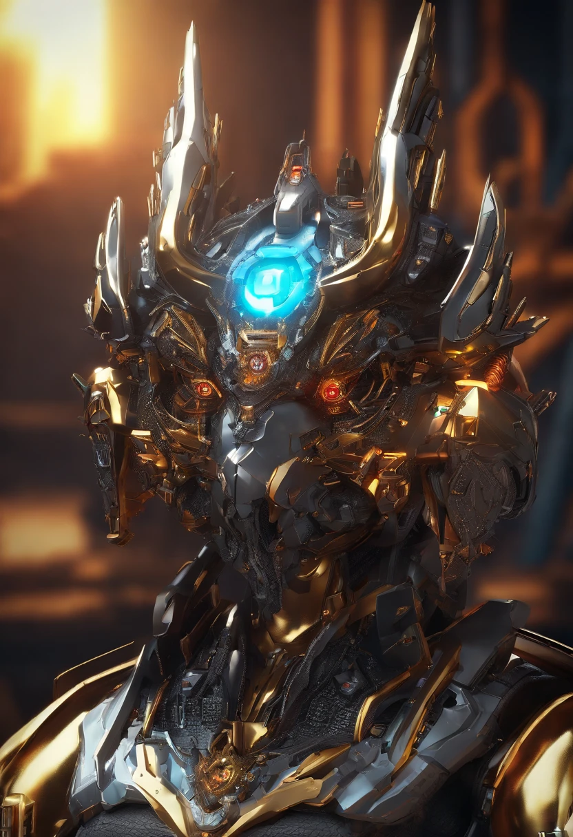 Game medallion with metal faucet closeup with crown，Close-up of dragon head，hearthstone art style, Hearthstone style art, hearthstone concept art, Riot game concept art, style of league of legends, iconic character splash art, League of Legends crown，Game badge，Surrounding metal feathers，Orange gold，c4d渲染，Less detail，less detailing，Huge metal faucet in the middle，The head has gorgeous gemstones