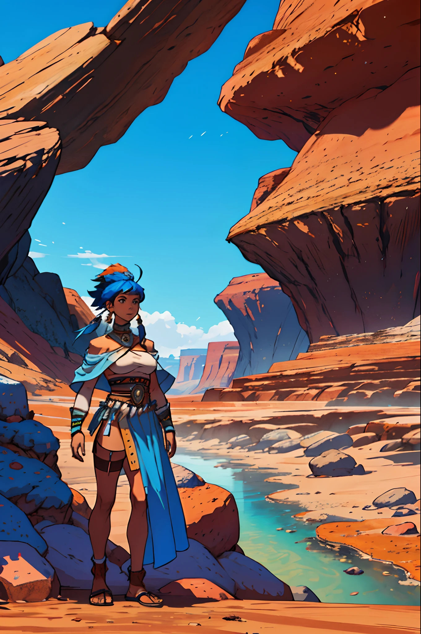 concept art of a character in the forground with a cold desert in the background, a modern shaman , woman