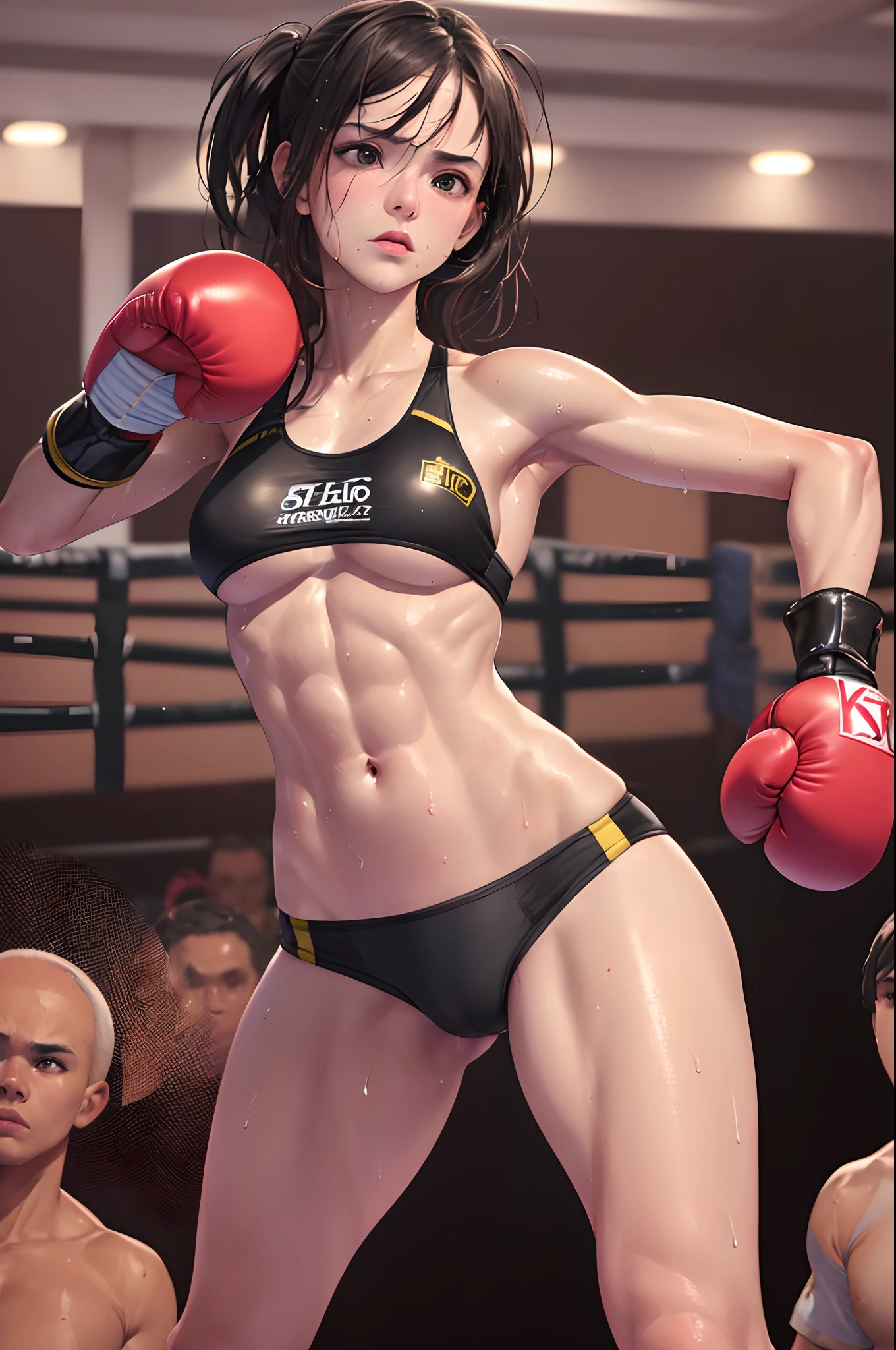 1girl in, (8K, Raw photo, Best Quality:1.2), (Realistic, Photorealsitic:1.37), Solo,Ultra-detailed,Female boxer, girl, (Detailed beautiful face)small head,Cute face, Large breasts,Trained abs,nice legs, (Detailed realistic skin),shiny skins ,Wet skin,Sweat, Sporty,boxing uniform,Straight punch,At the boxing competition venue