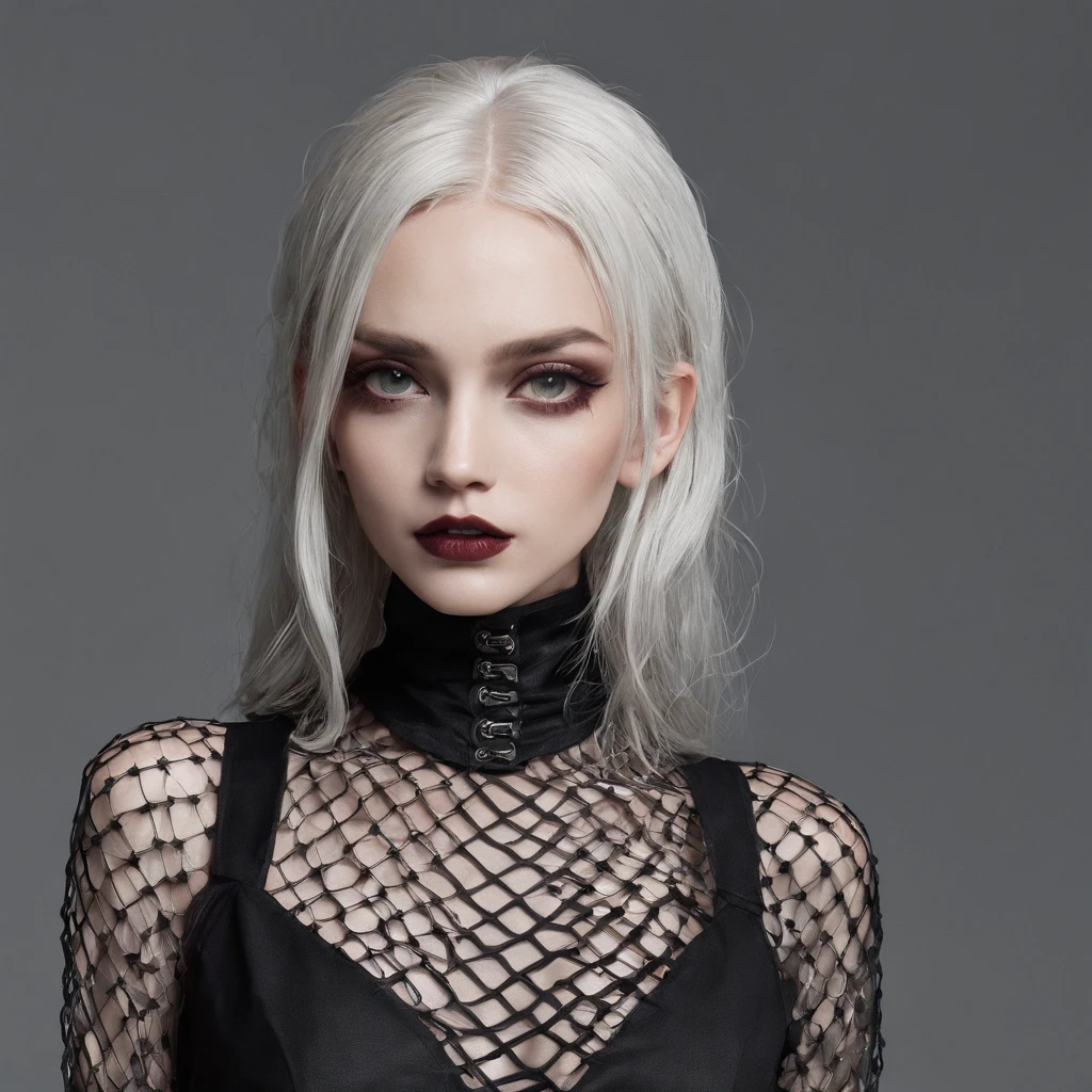 Girl with gothic net symbolic clothes, 。.com (Barbed wire of the body) blonde color hair，Gray hair ends, animation hair style,