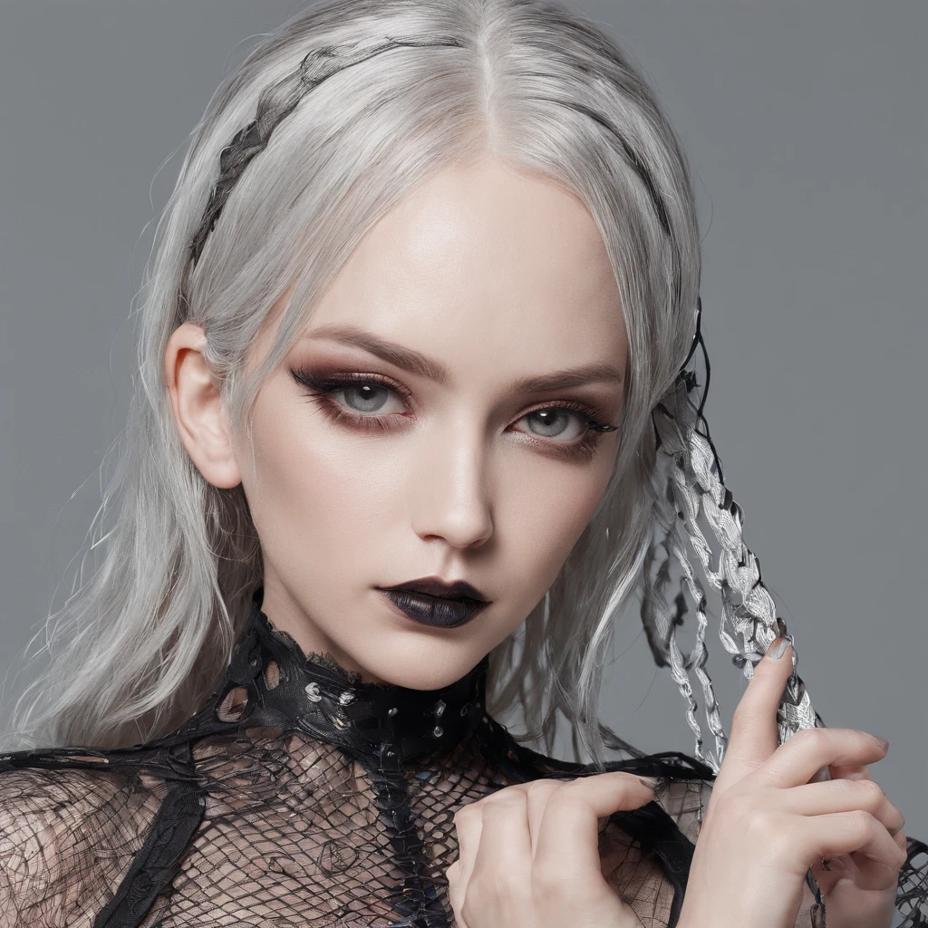 Girl with gothic net symbolic clothes, 。.com (Barbed wire of the body) blonde color hair，Gray hair ends, animation hair style,