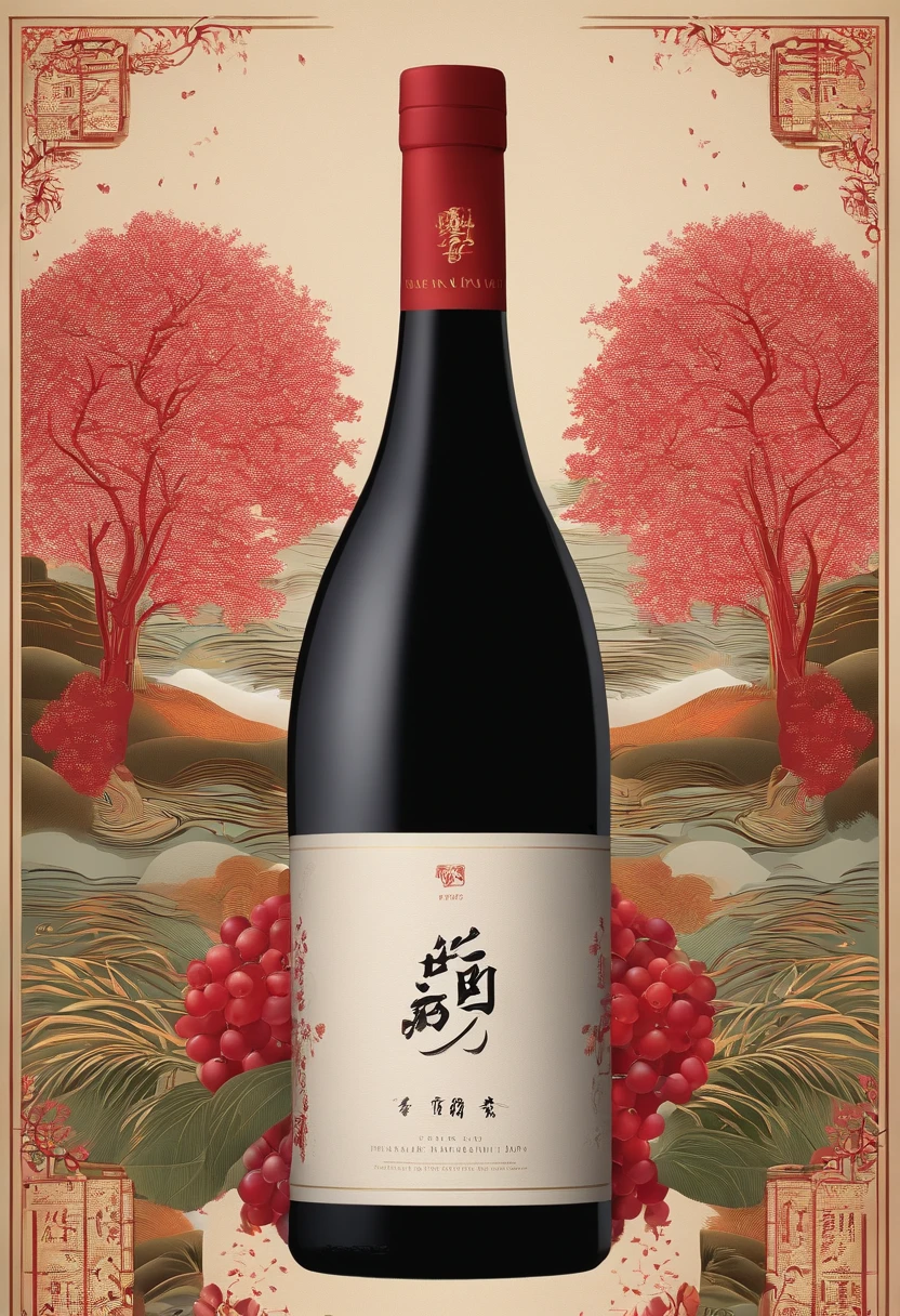 A wine label,Square,Rose gold label,Chinese font,Chinese medicine pattern,Realism