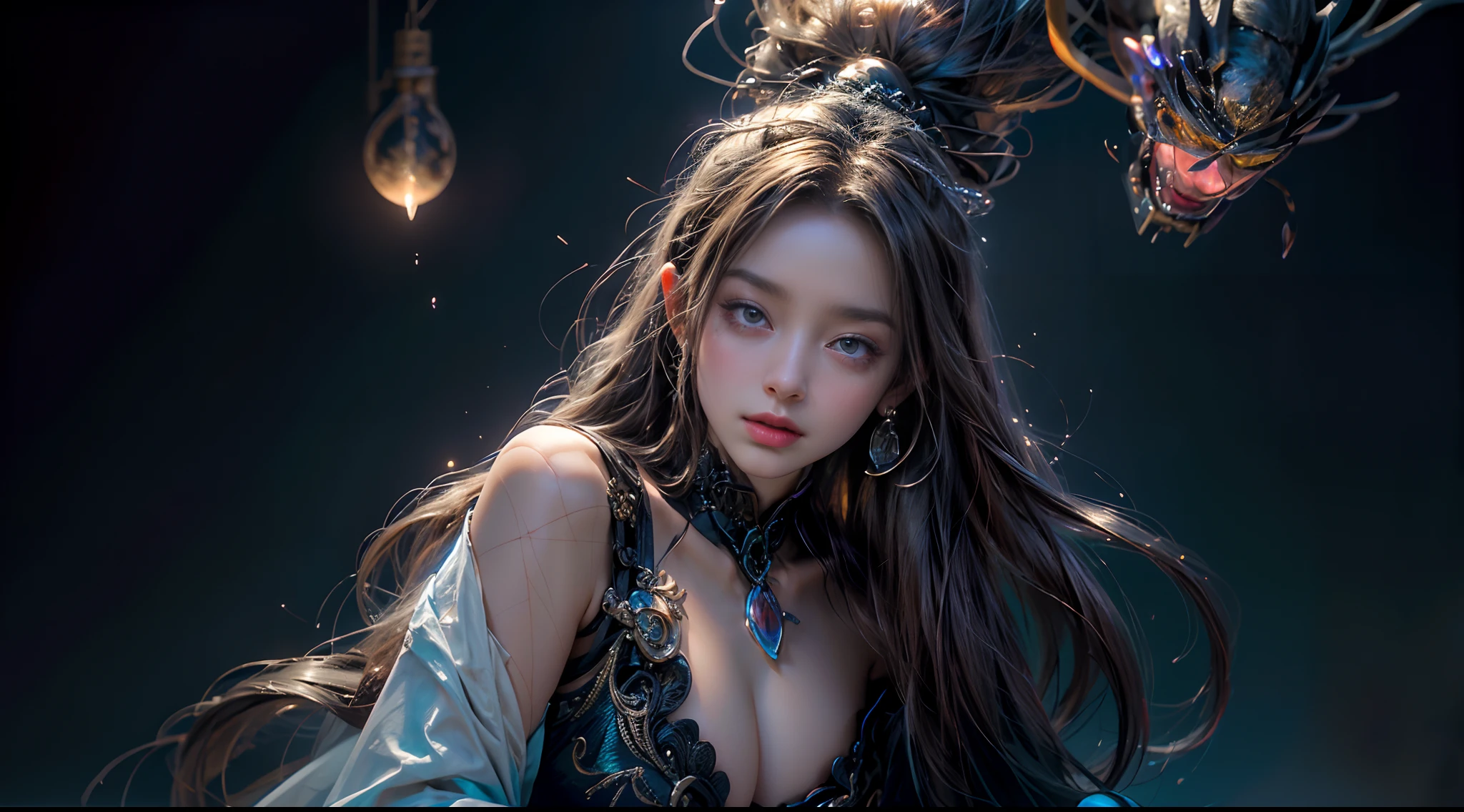 tmasterpiece,top-quality,best qualityer,offcial art,Beauty and aesthetics:1.2),(tmasterpiece:1.3), (8K, realisticlying, RAW photos, best qualtiy: 1.4), beauitful face, (photorealiscic face),超高分辨率, Ultra photo realsisim, highly detailed, the golden ratio, (with dynamism:1.3),(Saturation:1.3),illusory engine, (High detail: 1.9),(femele:1.4),(Large breasts),female mage,magnificent robe,The background is the castle,dramatics,(magia:1.8),(Glowing scepter:1.5),Mysterious symbol