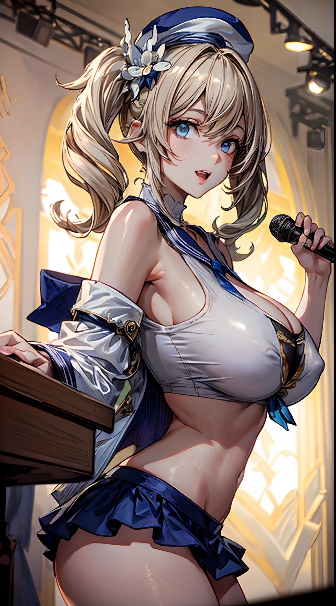anime, style image of a woman in a crop top bikini,(white crop top:1.4),(dark blue micro skirt:1.3), undersized clothes, 1girl,barbara \(genshin impact\),smilechoker,sailor hat,hat flower,blue eyes,blonde hair,twintails,detached sleeves,bare shoulders,thigh strap, blue eyes, underboob, sideboob,revealing clothes, (big breast:1.4), pigtails, hat, ai's pose, 1girl, solo, smile, open mouth, one eye closed, pointing, microphone, (masterpiece, best quality:1), normal eye,(on a stage with stage lights focusing on the character:1.4),huge screen in the background,(masterpiece, best quality:1.4),high quality, highly detailed,detailed,perfect,(Highres), (Detailed Illustration), Ultra-Detailed, Ambient Light, Realistic Shadows, Detailed Face, (Detailed Hair:1.2), Reflections, Detailed Face, (Detailed Hair:1.2), (Hyper-Detailed Eyes:1.4), (Detailed Eyes:1.6),higly detailed,masterpiece,depth of field, masterpiece, best quality, 4k, distinct image, Amazing, hyper detailed, extremely detailed cg, illustration, dramatic lighting, light source contrast, best illumination, high resolution,realistic, (ultra detailed),masterpiece, best quality,nsfw,erotic,sexy,(on a dining room in a house:1.4),indoors,house interior,dining room,table,chair,(masterpiece, best quality:1.4),high quality, highly detailed,detailed,perfect,(Highres), (Detailed Illustration), Ultra-Detailed, Ambient Light, Realistic Shadows, Detailed Face, (Detailed Hair:1.2), Reflections, Detailed Face, (Detailed Hair:1.2), (Hyper-Detailed Eyes:1.4), (Detailed Eyes:1.6), (sharp focus:1.2), photo, attractive young woman, (beautiful face:1.1), detailed eyes, luscious lips, (bold red lip colour:0.85), (slim body:1.2), (long hair:1.2), in a (botanical garden:1.2). (moody lighting:1.2), depth of field, bokeh, 4K, HDR. by (James C. Christensen:1.2|Jeremy Lipking:1.1,((gigantic breast ,small areolae)), (slender waist, athletic body), (soft ),(on back, touching ceiling), (giantess, GTScramped) BREAK (((gigantic breasts))), ((large