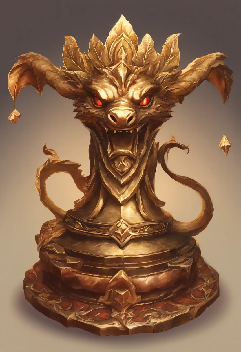 Game medallion with metal faucet closeup with crown,Close-up of dragon head,hearthstone art style, Hearthstone style art, hearthstone concept art, Riot game concept art, style of league of legends, iconic character splash art, League of Legends crown,Game badge,Surrounding metal feathers,Orange gold,c4d渲染,Less detail,less detailing,Huge metal faucet in the middle,The head has gorgeous gemstones