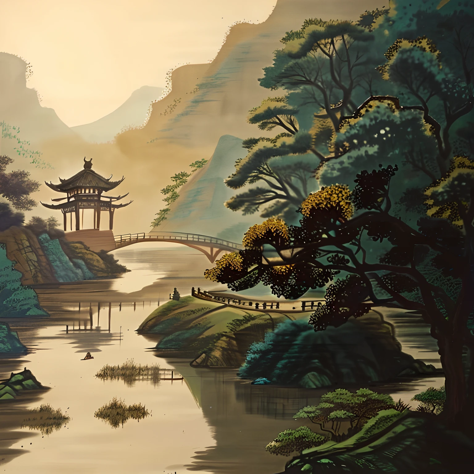 Aalfed Bridge over the river，In the background is a bridge and a pagoda, Beautiful rendering of the Tang Dynasty, Chinese landscape, dreamy Chinese towns, Chinese style, quiet and serene atmosphere, Detailed scenery —width 672, Beautiful and aesthetic, author：Ma Yuan, in a serene landscape, scenery wallpaper, oriental wallpaper, serene scene, Zen temple background, Song Dynasty