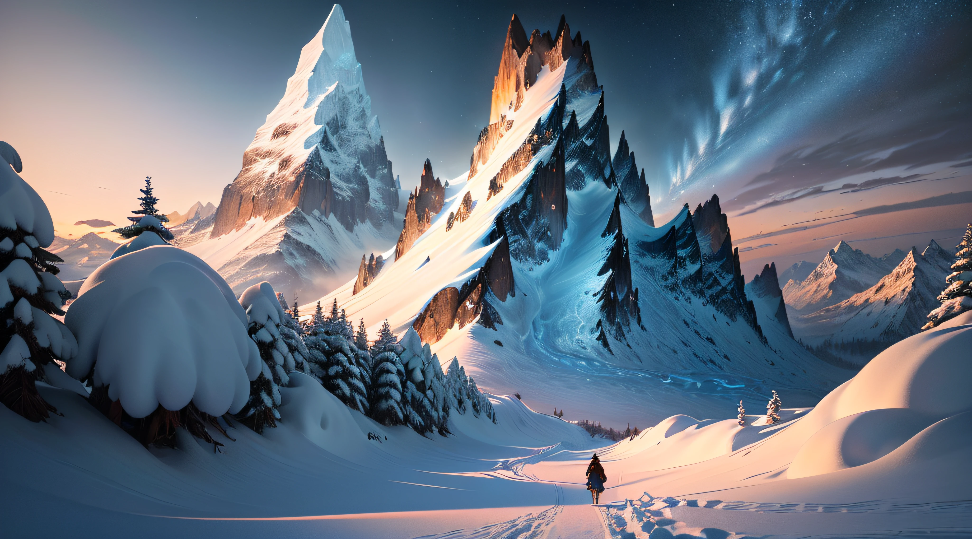 Masterpiece, best quality, (extremely detailed CG unified 8k wallpaper), (best quality), (best illustration), (best shadow), snow mountains, wilderness, snowflakes dancing,absurdity, realistic lighting, (abyss), beautiful detail lighting, Peter Mohr Bacher's art,(animated cartoon style:1.2)