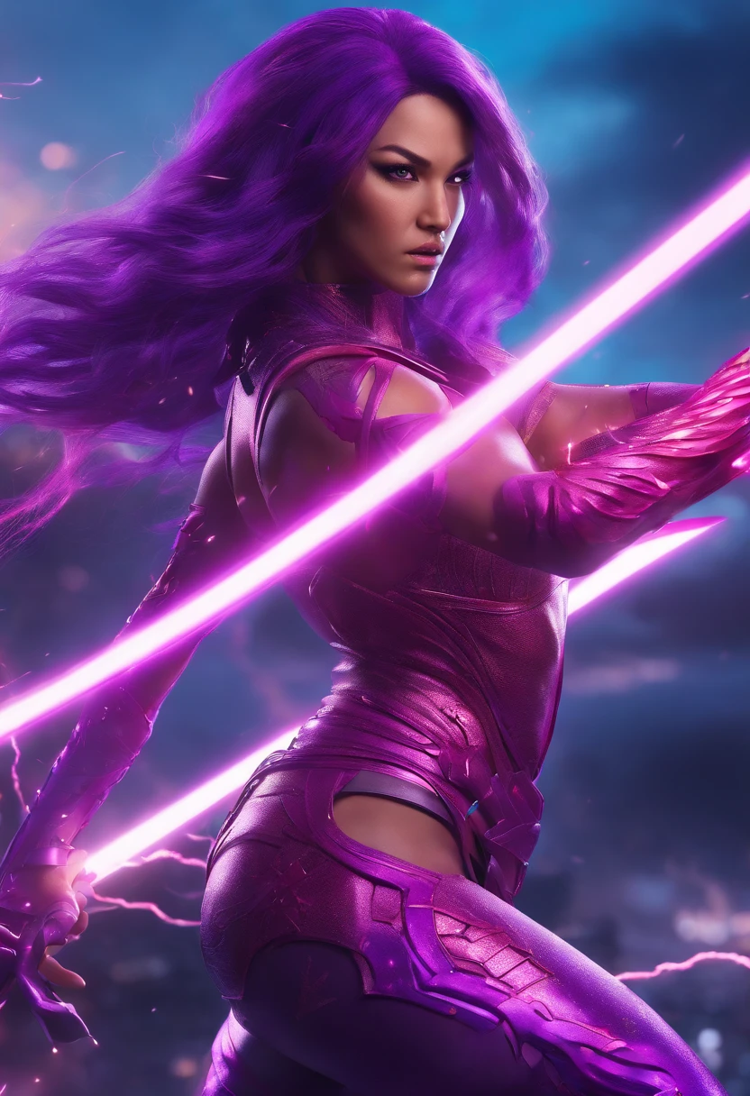 best quality,4k,8k,highres,masterpiece:1.2),ultra-detailed,(realistic,photorealistic,photo-realistic:1.37), detailed face and body rendering, stunning muscle definition, flawless skin, intense eyes, long purple hair flowing, vibrant purple costume with intricate patterns, shining metallic armor, glowing energy katana in hand, fierce expression, dynamic pose, dramatic lighting, dark and moody atmosphere, epic battle scene in the background, swirling clouds and crackling thunder, bolts of lightning illuminating the scene, powerful energy aura emanating from Psylocke, cinematic depth of field, vivid colors, subtle color grading with emphasis on purple tones, fine details in every aspect, sharp focus, professional CGI, realistic shadowing and reflections, breathtaking visual effects, immersive and captivating artwork.
