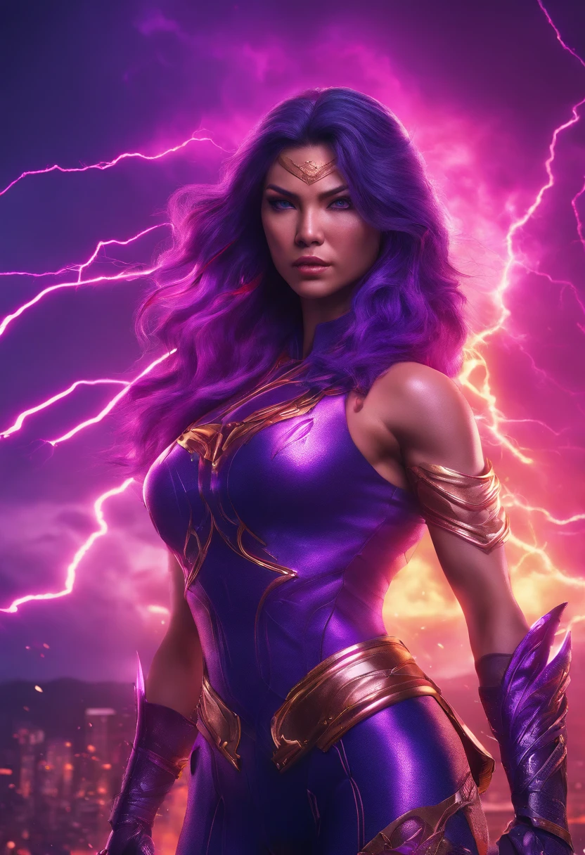 best quality,4k,8k,highres,masterpiece:1.2),ultra-detailed,(realistic,photorealistic,photo-realistic:1.37), detailed face and body rendering, stunning muscle definition, flawless skin, intense eyes, long purple hair flowing, vibrant purple costume with intricate patterns, shining metallic armor, glowing energy katana in hand, fierce expression, dynamic pose, dramatic lighting, dark and moody atmosphere, epic battle scene in the background, swirling clouds and crackling thunder, bolts of lightning illuminating the scene, powerful energy aura emanating from Psylocke, cinematic depth of field, vivid colors, subtle color grading with emphasis on purple tones, fine details in every aspect, sharp focus, professional CGI, realistic shadowing and reflections, breathtaking visual effects, immersive and captivating artwork.
