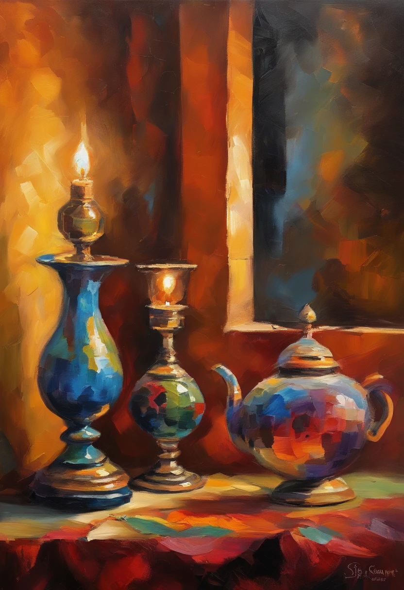 The mysterious oil lamps: Paint a scene that includes traditional oil lamps illuminating an Iraqi house.