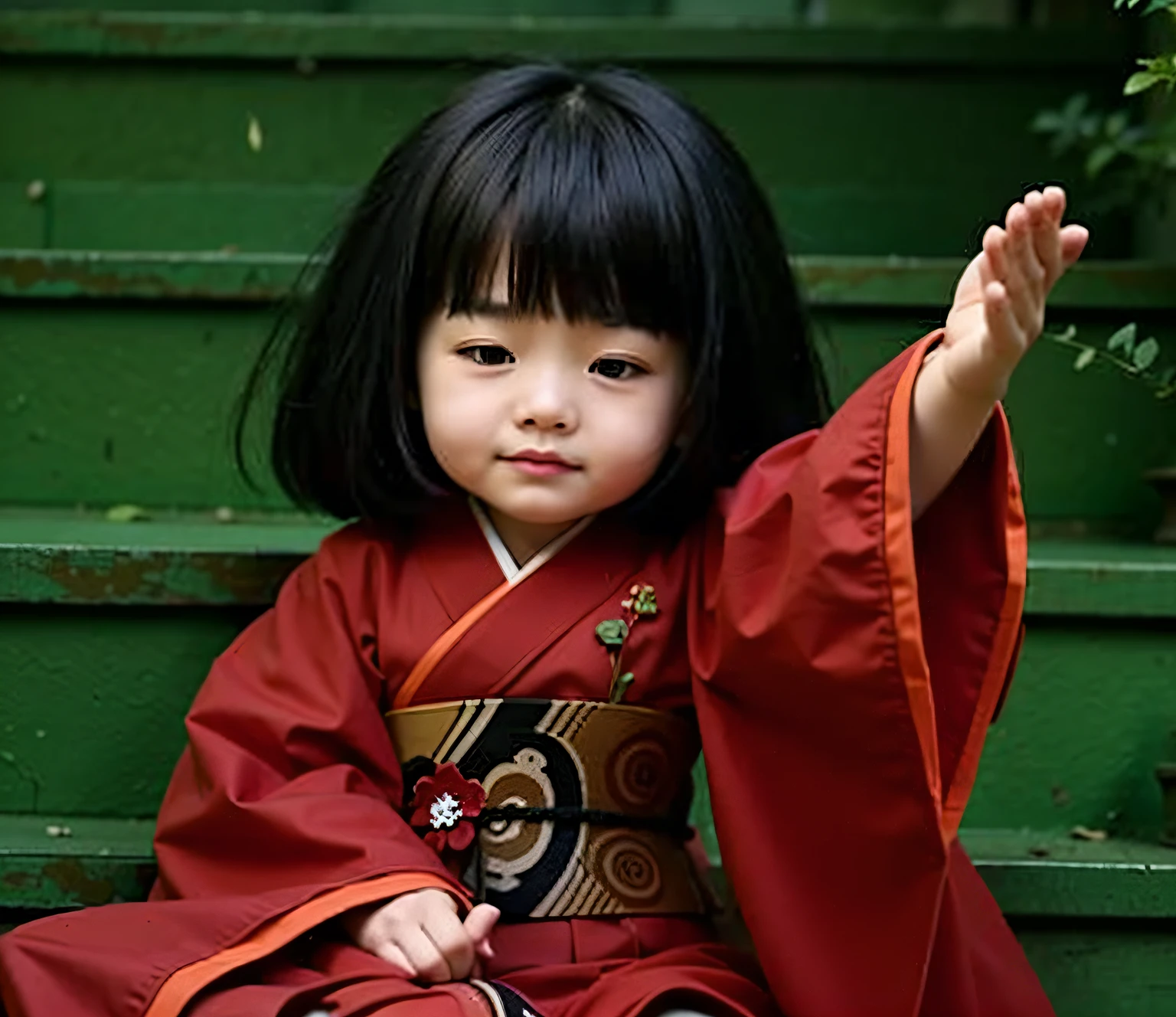 a close up of an asian girl in a red kimono sitting on a green steps, black hair with bangs,