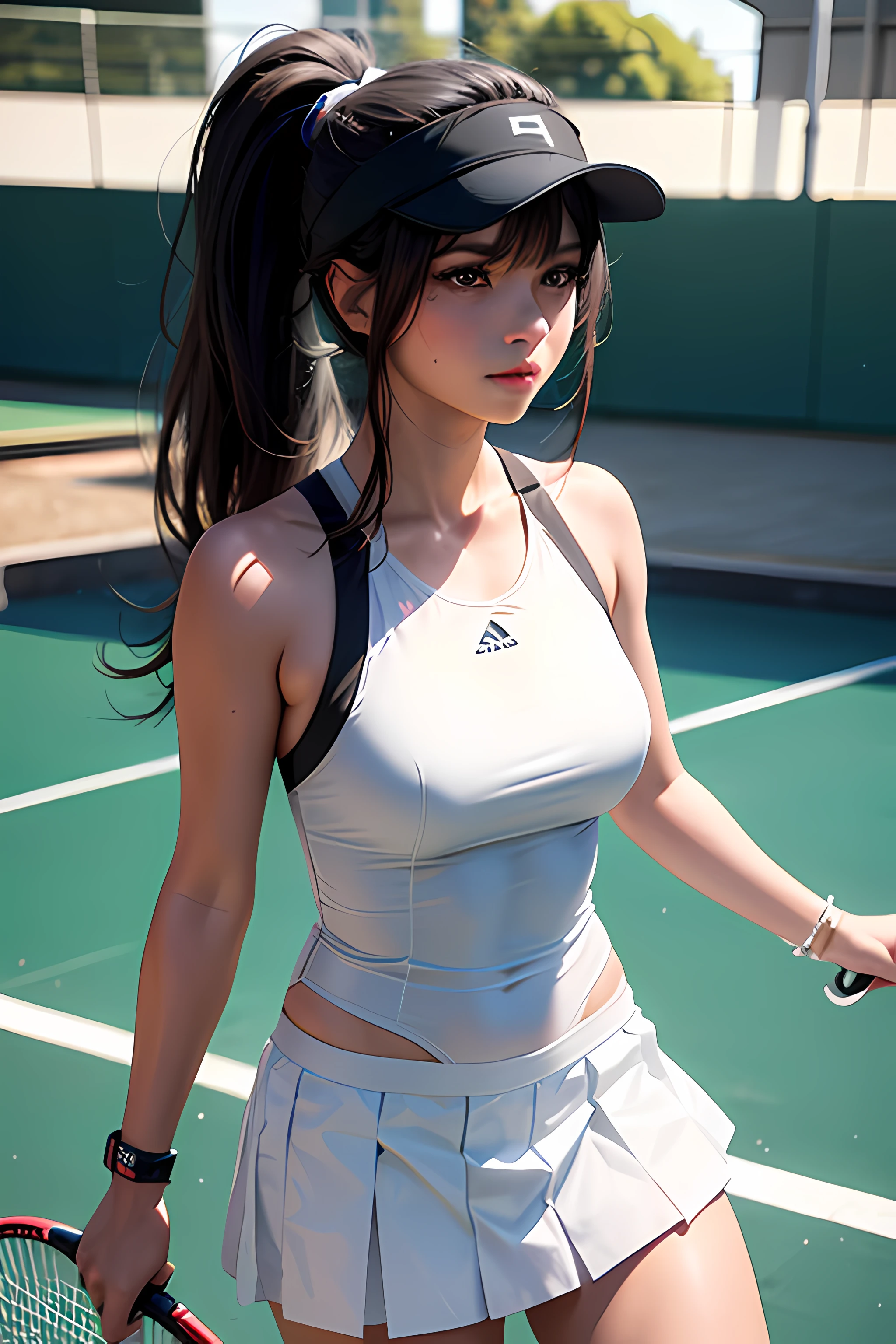 a blonde girl, shoulder length hair, black hair, bangs, ponytail, beautiful, beautiful woman, perfect body, perfect breasts, wearing a tennis outfit, wearing a tennis hat, being on the tennis court, holding a tennis racket, looking at the audience, a slight smile, realism, masterpiece, textured leather, super detailed, high detail, high quality, best quality, 1080p, 16k