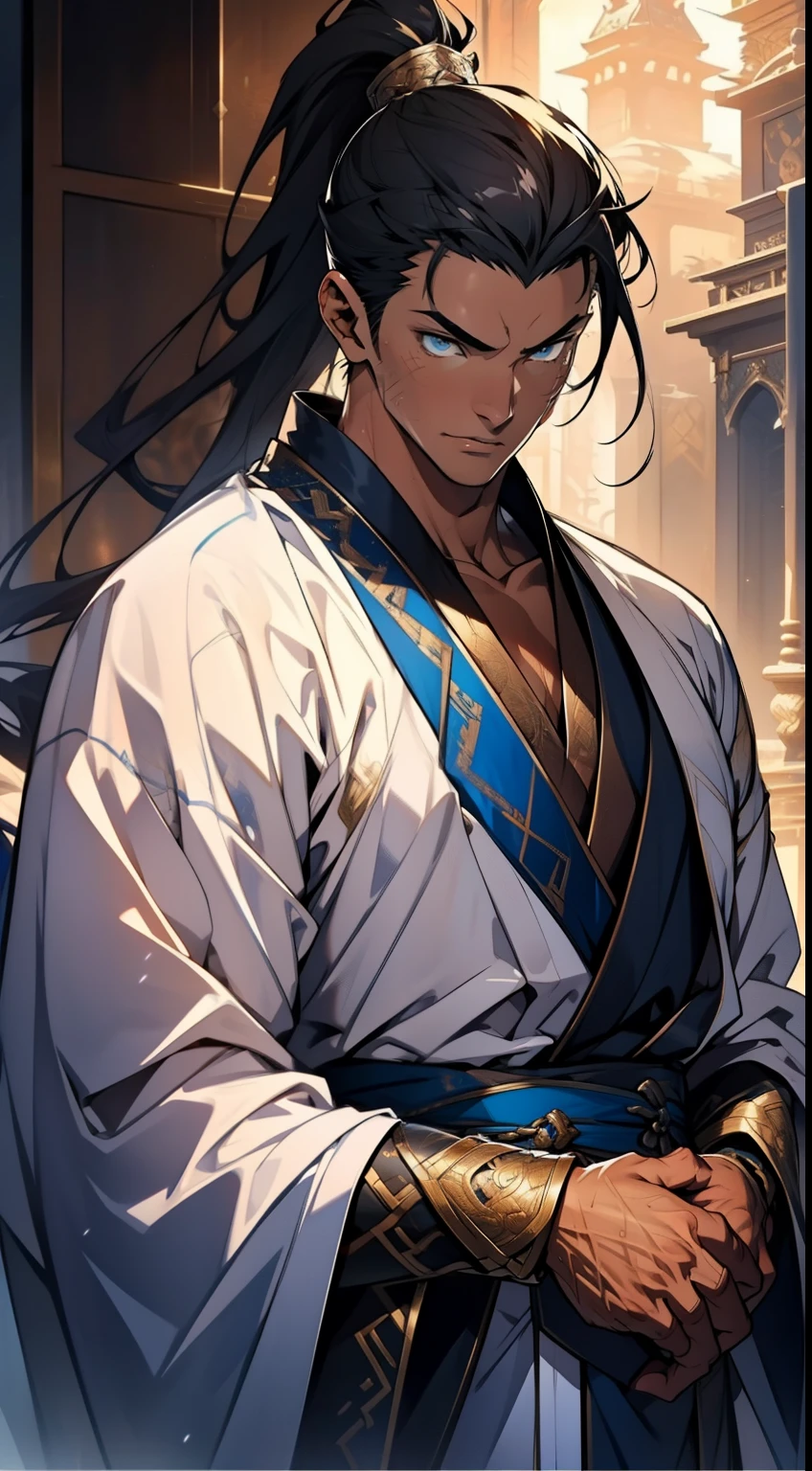 quadratic element,style of anime,mtu(Male Warrior),The proportions are correct,Face details,swordsmen,High ponytail hairstyle,Neck details,There is an Adam's apple,White robe,kaftan,long white robe,clothes details,Handing over,longer sleeves,Game quality,Swordsmanship,Light and shadow tracking,Ray traching,detailed glow,cg render,hair detail,cabelos preto e longos,blue colored eyes,Handsome,Handsome,(juvenile sense),Clothing is complicated,Perfectcomposition,Refinement,high qulity,higher details,Lots of details,The background is complex,a sense of atmosphere,