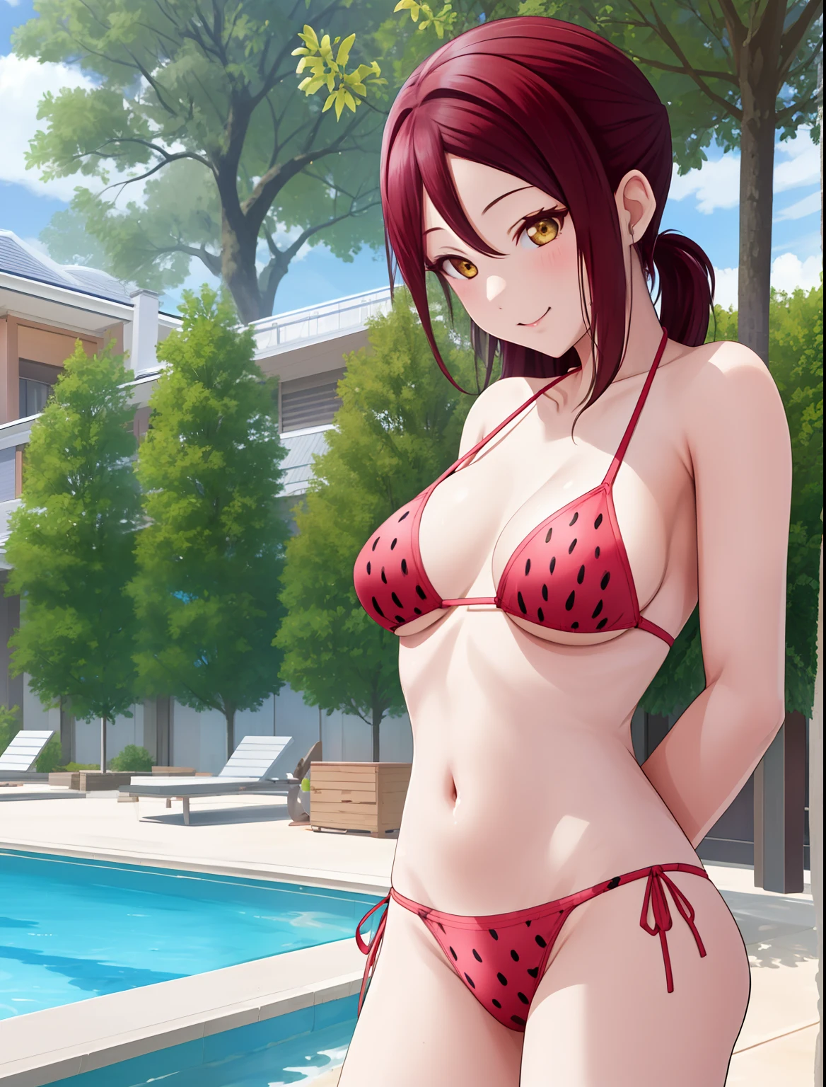 masterpiece, best quality, highres, standing,arms behind back, sakurachi riko, watermelon print, bikini, outdoors, looking at viewer, sexy, sexy pose, sexual arousal, solo focus, dynamic angel, cowboy shot,