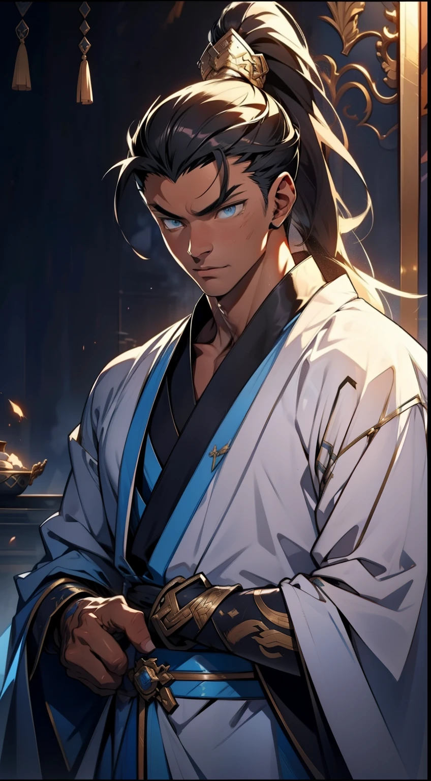 quadratic element，style of anime，mtu（Male Warrior），The proportions are correct，Face details，swordsmen，High ponytail hairstyle，Neck details，There is an Adam's apple，White robe，kaftan，long white robe，clothes details，Handing over，longer sleeves，Game quality，Swordsmanship，Light and shadow tracking，Ray traching，detailed glow，cg render，hair detail，cabelos preto e longos，blue colored eyes，Handsome，Handsome，（juvenile sense），Clothing is complicated，Perfectcomposition，Refinement，high qulity，higher details，Lots of details，The background is complex，a sense of atmosphere，