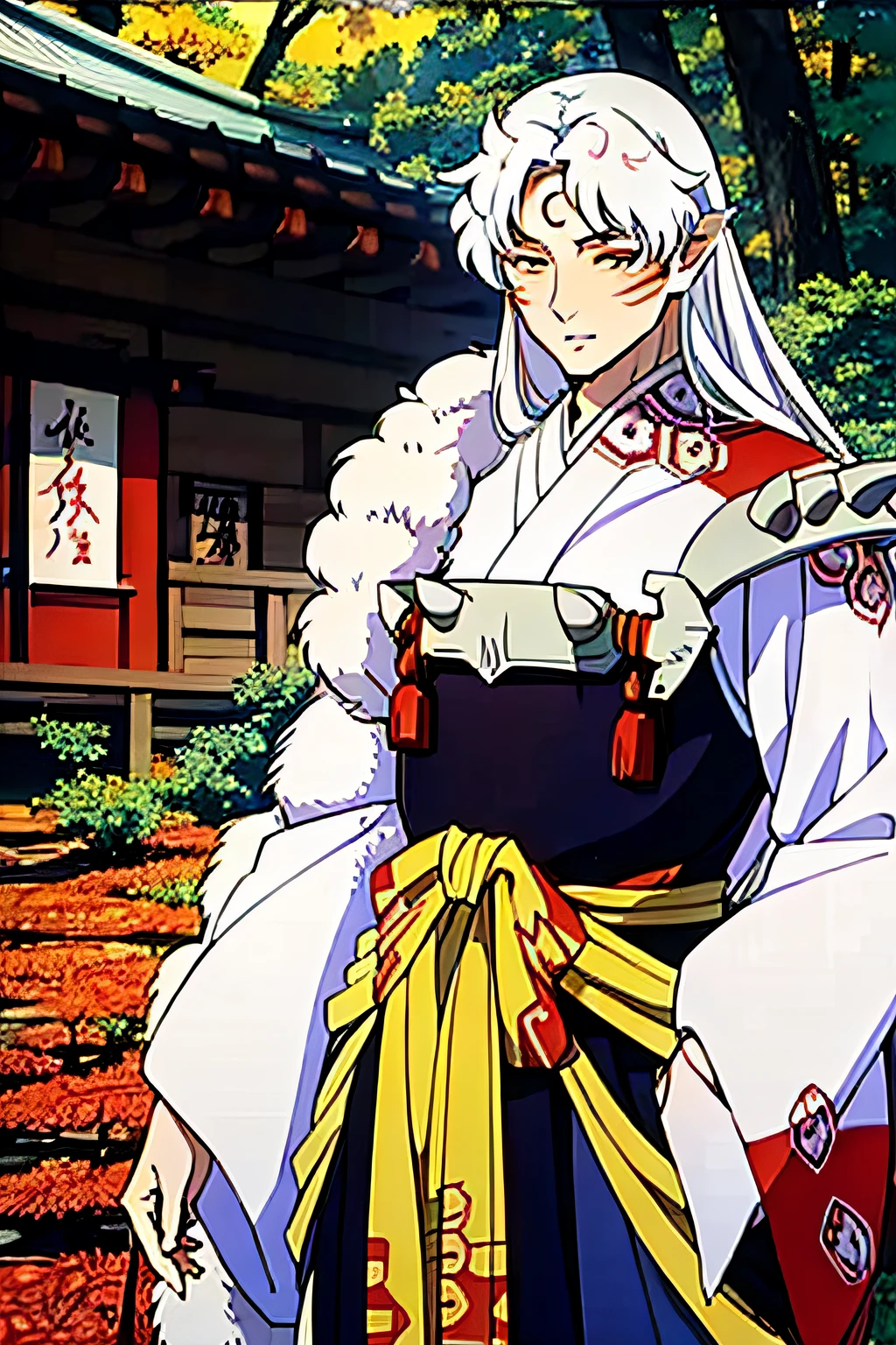 The best quality, masterpiece, (a mature man) sesshomaru, (fully body, head turned to one side)), Japanese forest with the shrine as the background, daytime, standing, fur decoration, fur